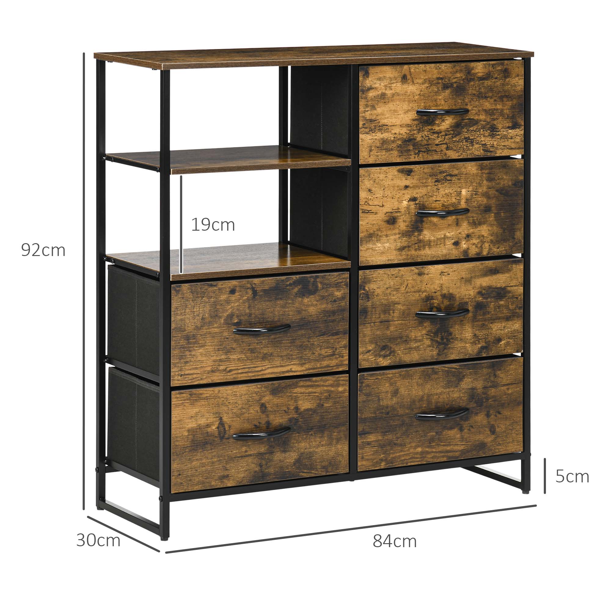 Kommode mit sechs Schubladen, offene Regale, MDF und Stahl, 84x30x92 cm, Braun/Schwarz, verstellbare Füße