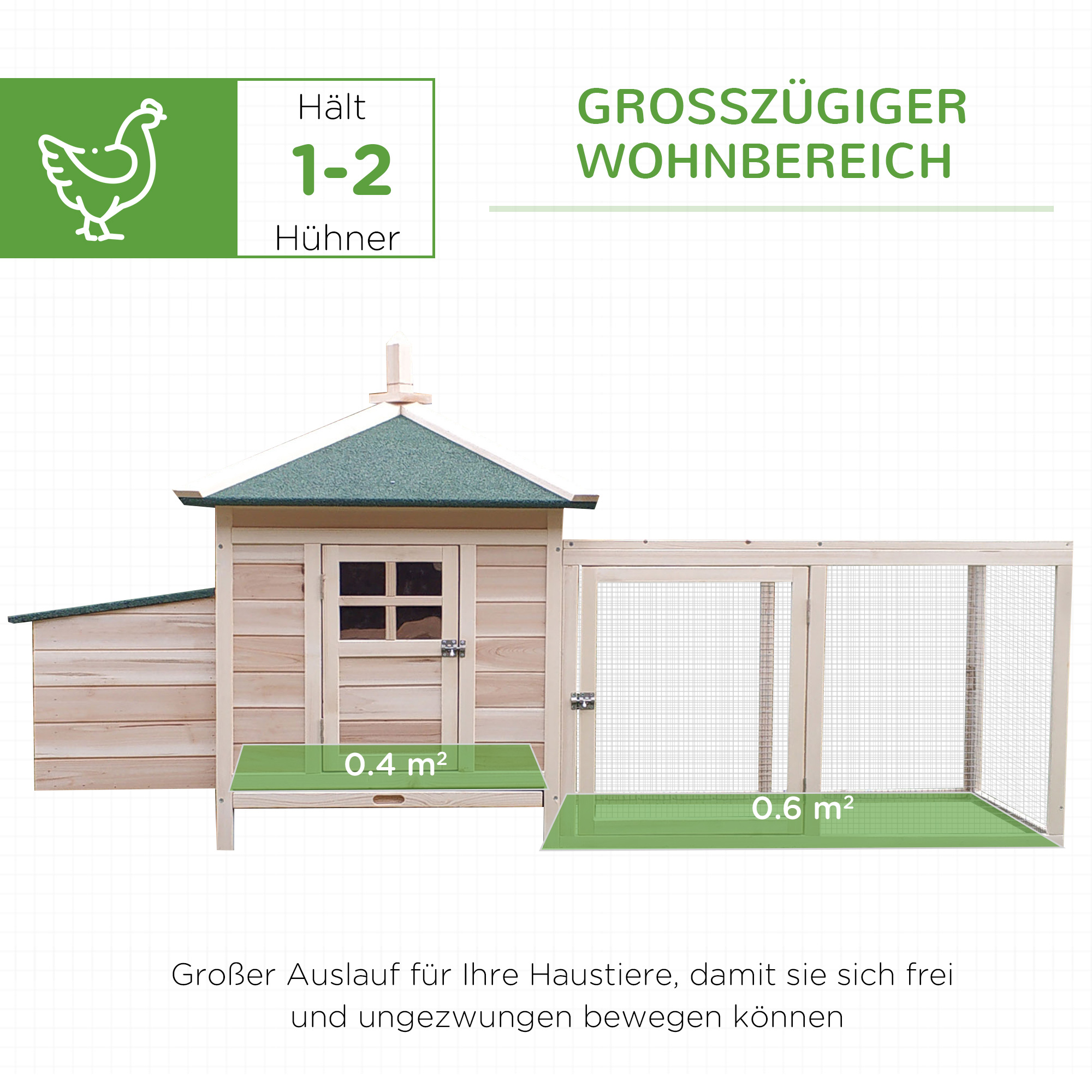 Hühnerstall für Zwerghühner 196 x 76 x 97 cm witterungsbeständig Hühnerhaus mit Nistkasten, Freilaufgehege Sitzstange, Kleintierstall aus Holz für 1-2 Hühner, Natur
