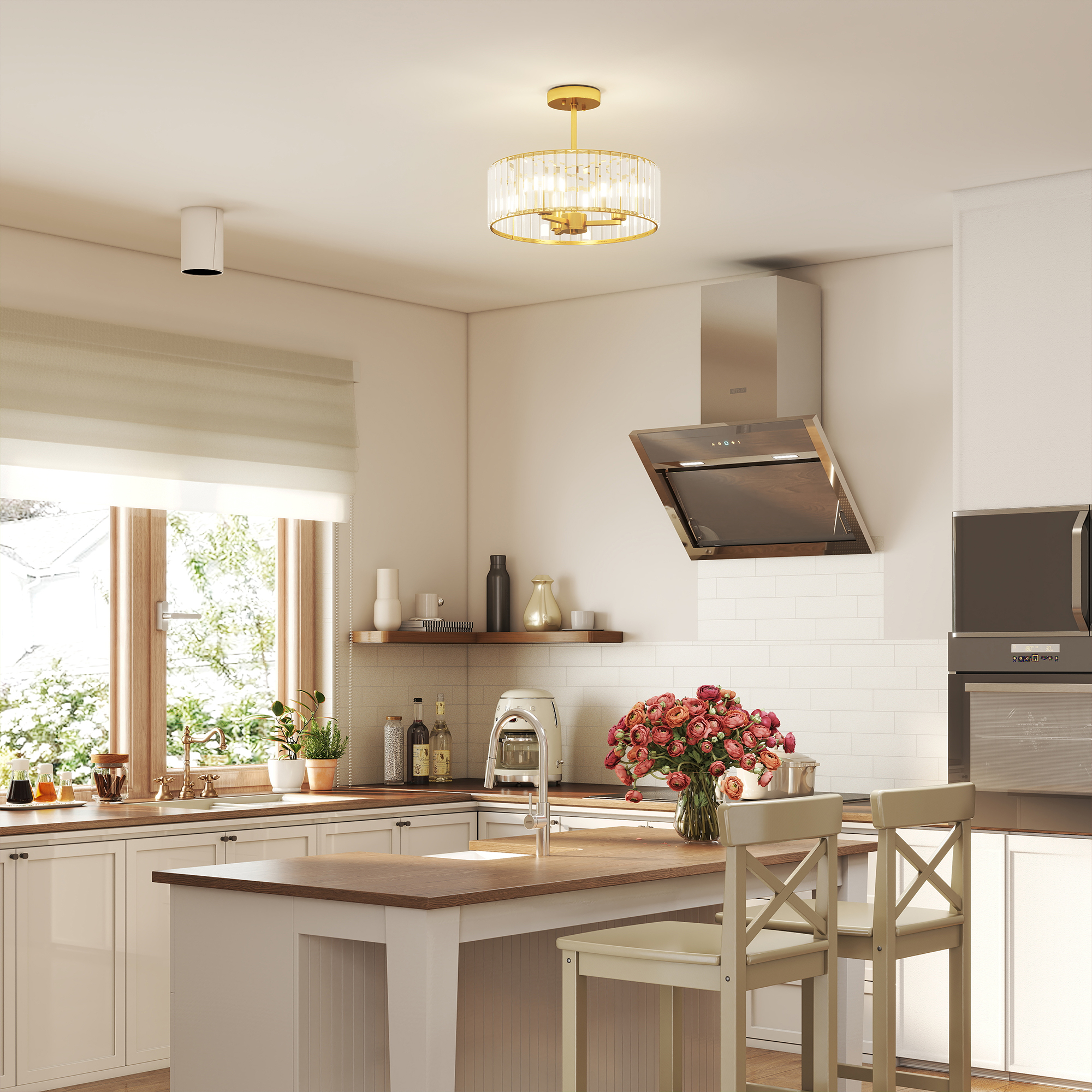 Deckenlampe, Kronleuchter-Design, Kristallschirm, 3 Glühbirnen, Metall, Goldfarben