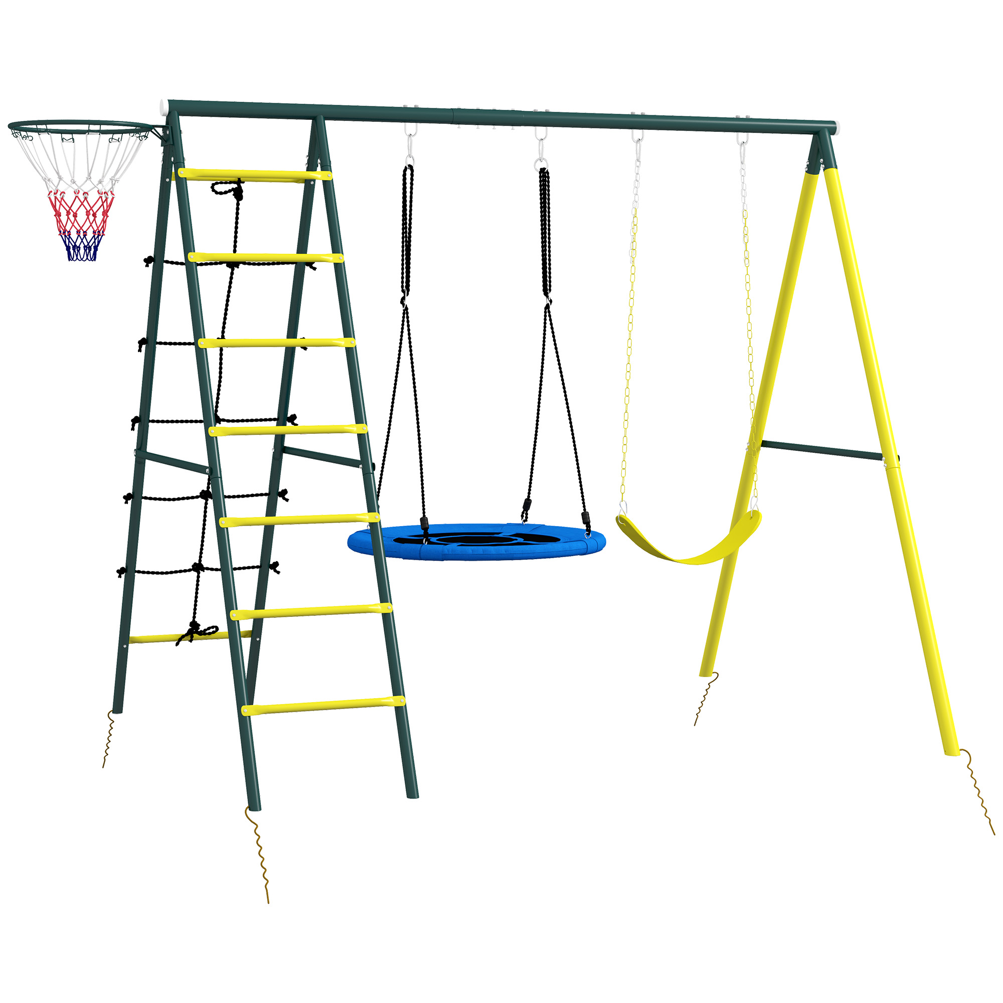 Kinderschaukel-Gerüst mit 2 Schaukeln, Basketballkorb, Kletterleiter, 267x180x202 cm, Gelb