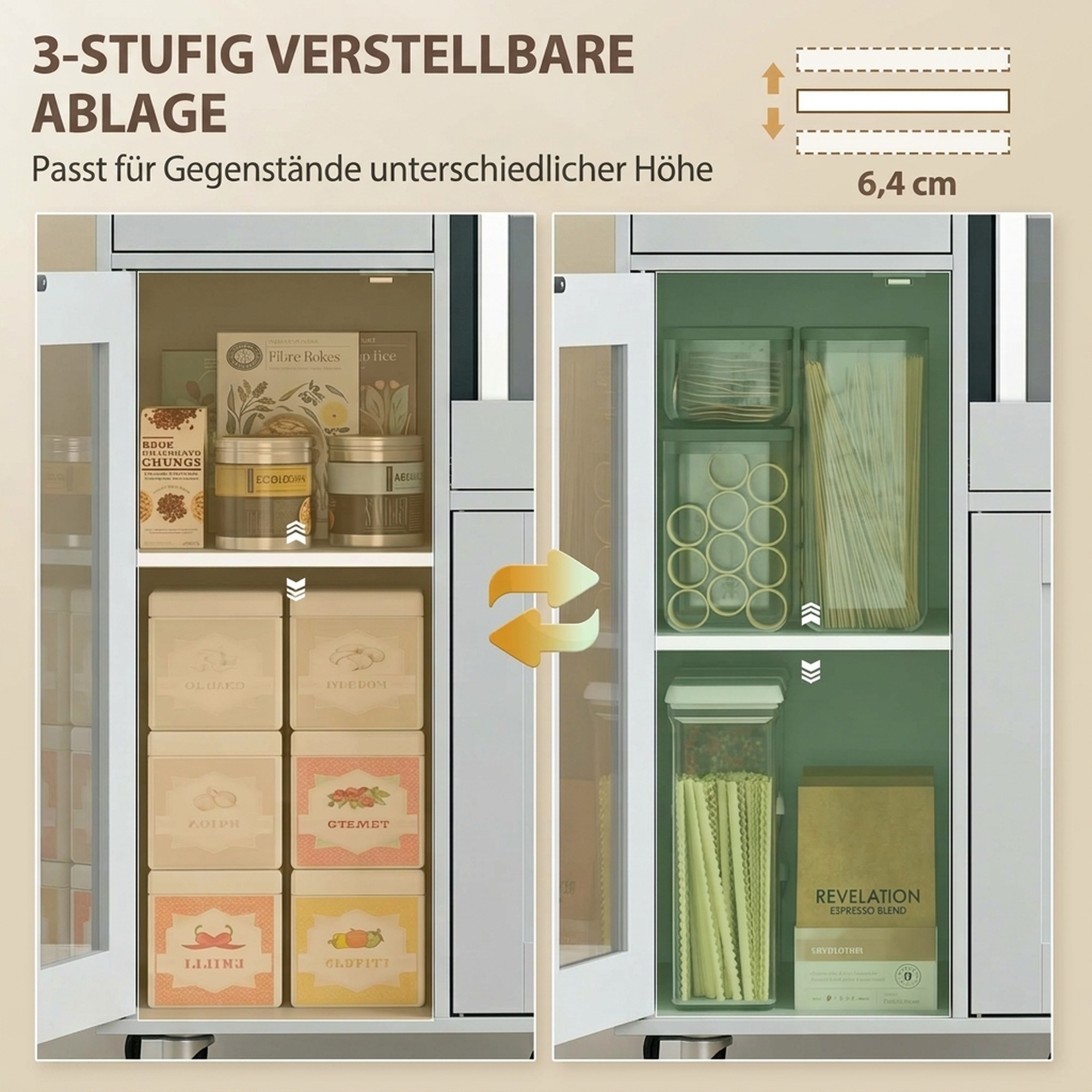 Küchenschrank auf Rädern, Mobile Küchenkommode mit Ablagen, Schubladen, verstellbarem Regal, Kabelloch, Grau