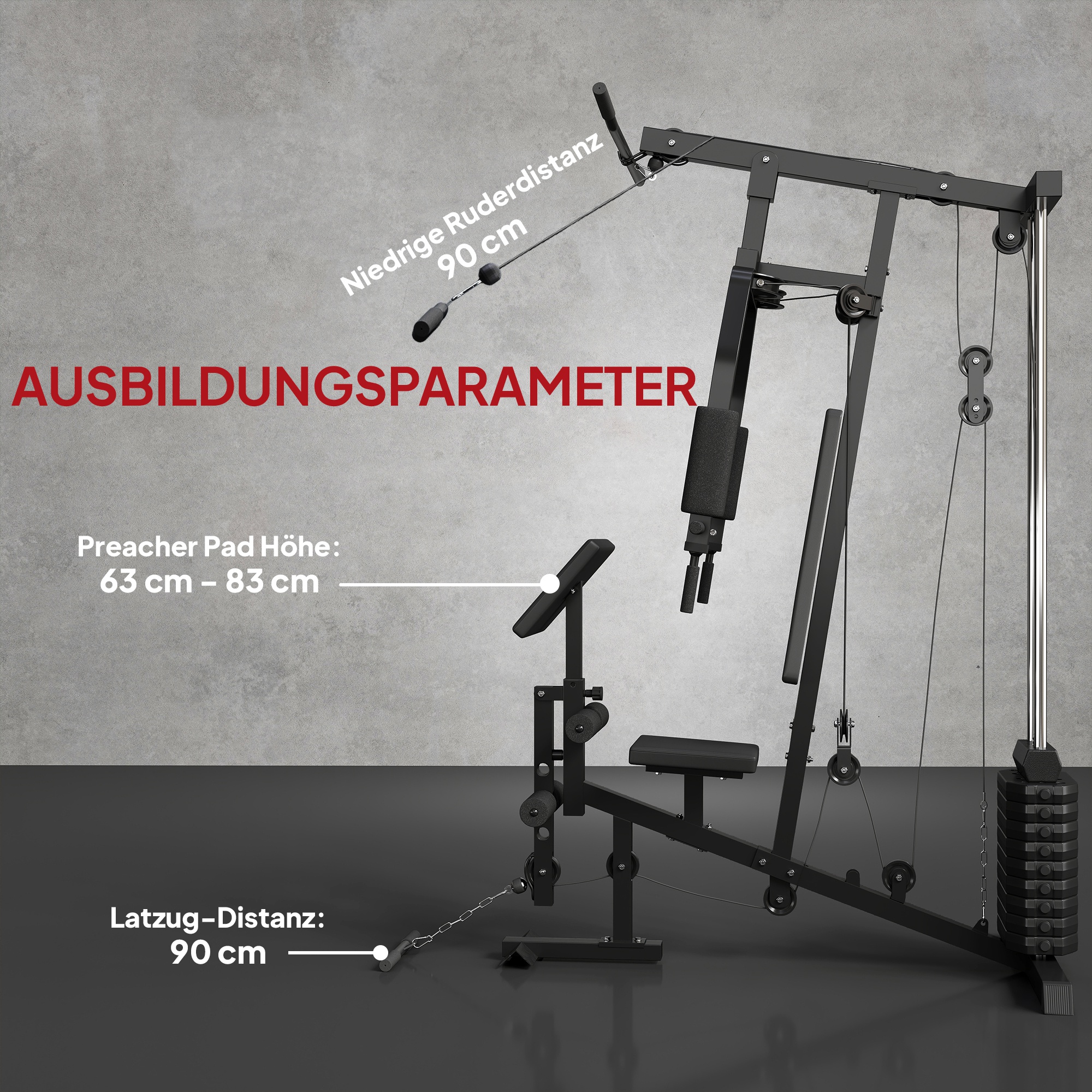 Kraftstation für Zuhause Fitnessstation mit Latzuggerät, Kabelzug, kurzer Bizepsstange, Brustpresse, Beintrainer, Butterfly-Maschine 45kg Gewichten Multifunktion Fitnessstation Schwarz