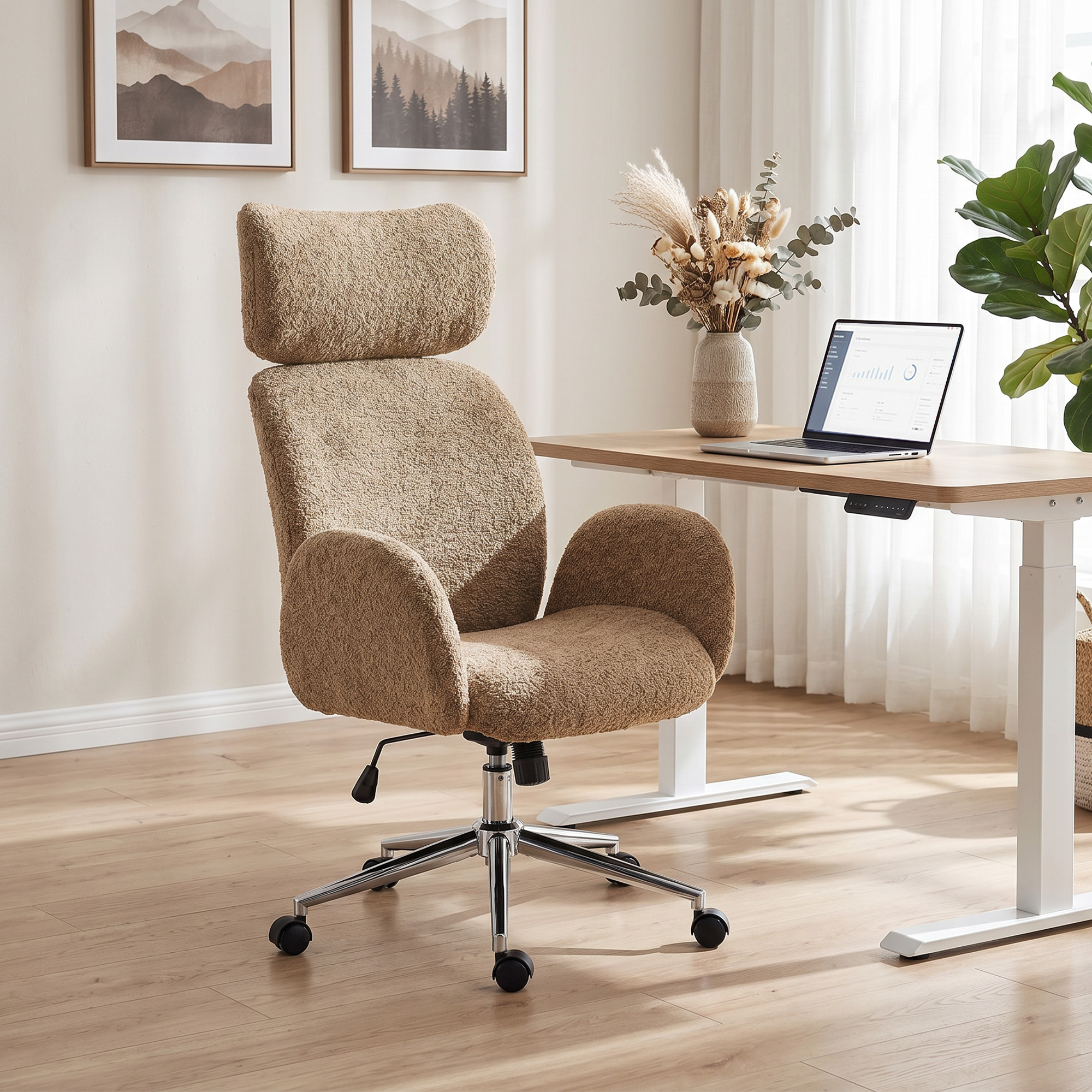 Bürostuhl mit verstellbarer Kopfstütze, ergonomischer Schreibtischstuhl, Kippfunktion, höhenverstellbar, Braun