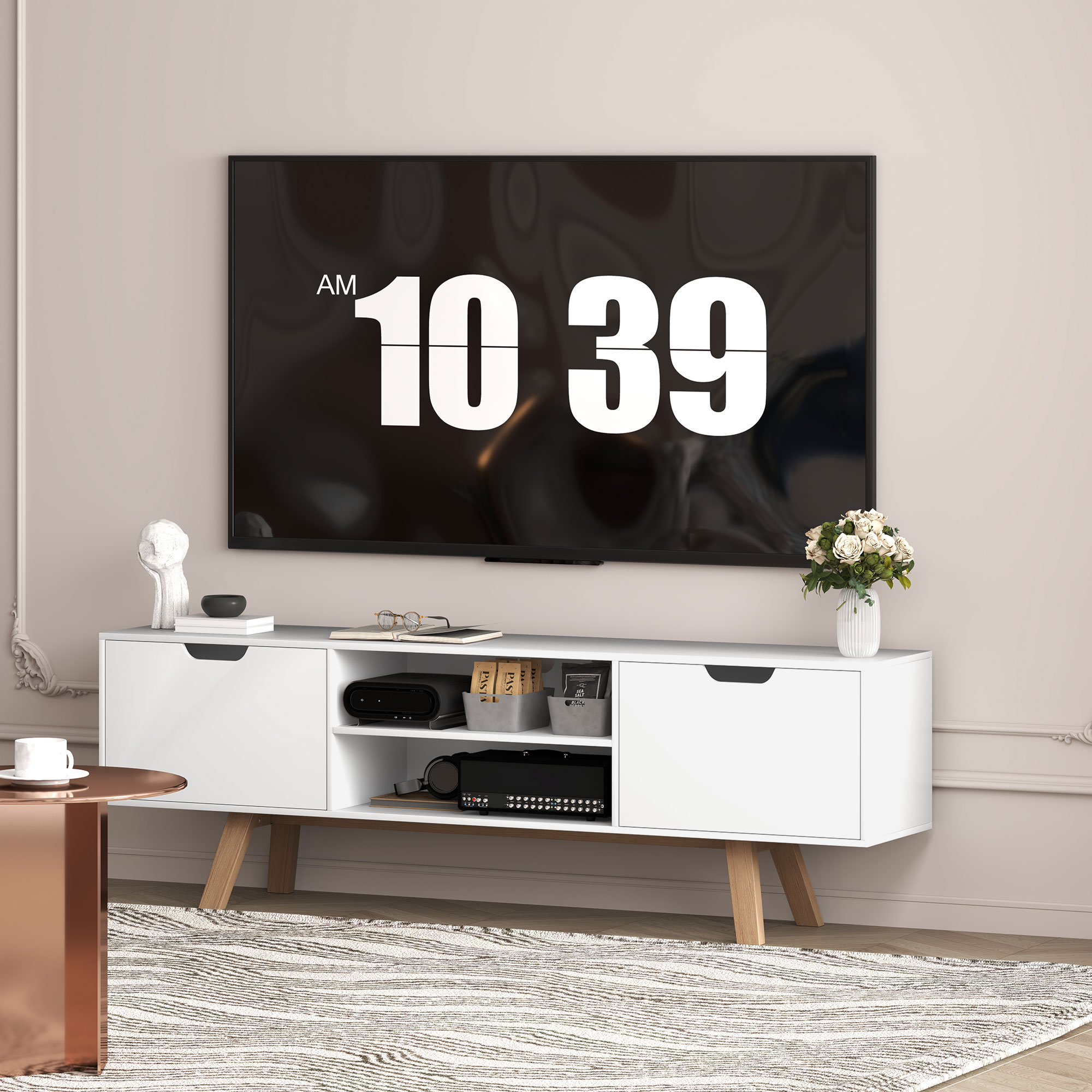 TV-Kommode mit Schubladen und offenen Regalen, MDF, 150 x 39 x 50 cm, Weiß
