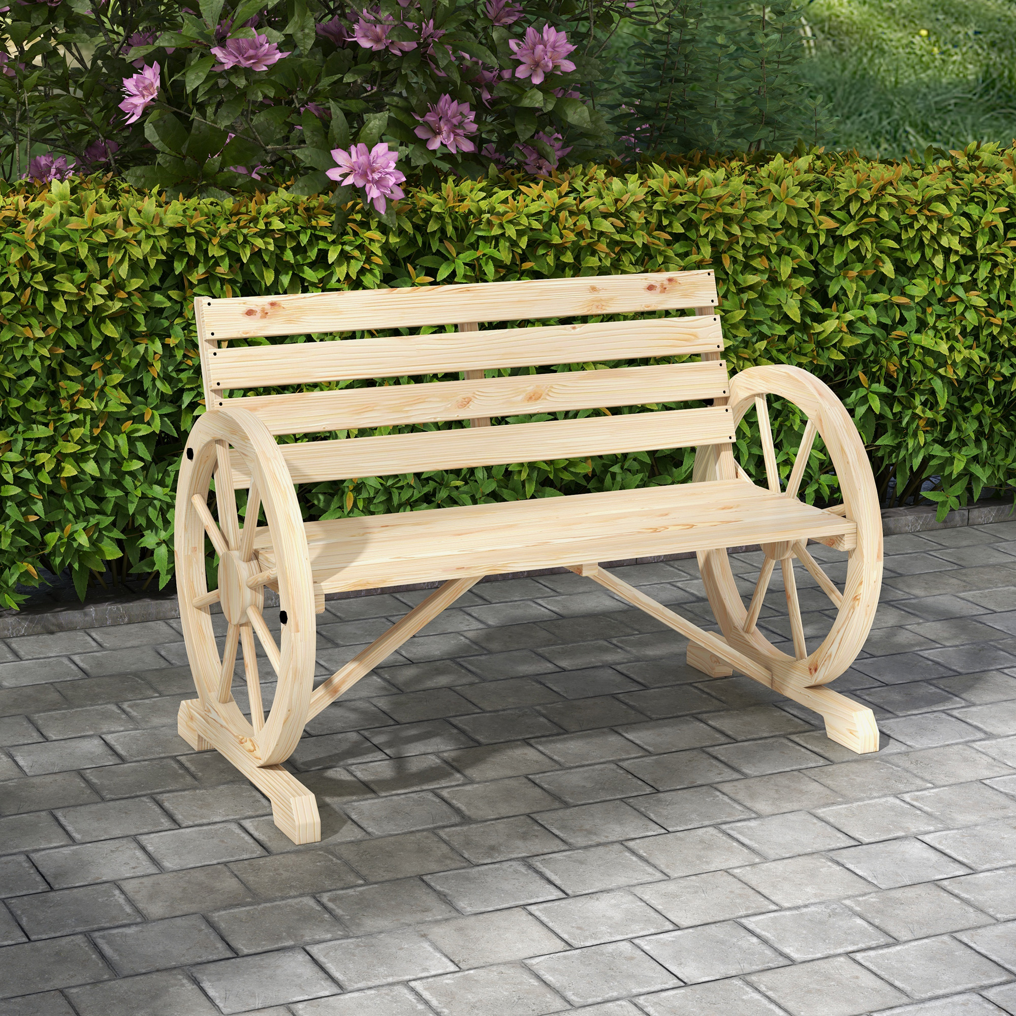 Gartenbank, Wagenrad-Design, für 2 Personen, Naturholz, dunkelbraun, 105,5 x 56 x 79 cm, Natur