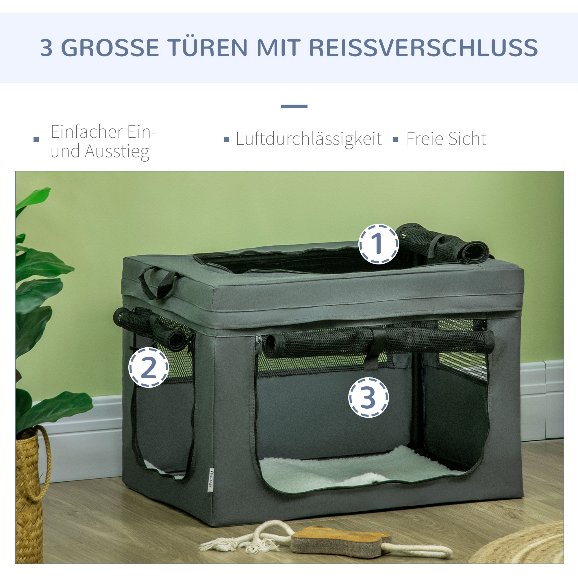Transportbox, faltbar, 3 Eingänge, Innenkissen, für Hunde und Katzen bis 4 kg/40 cm, grau