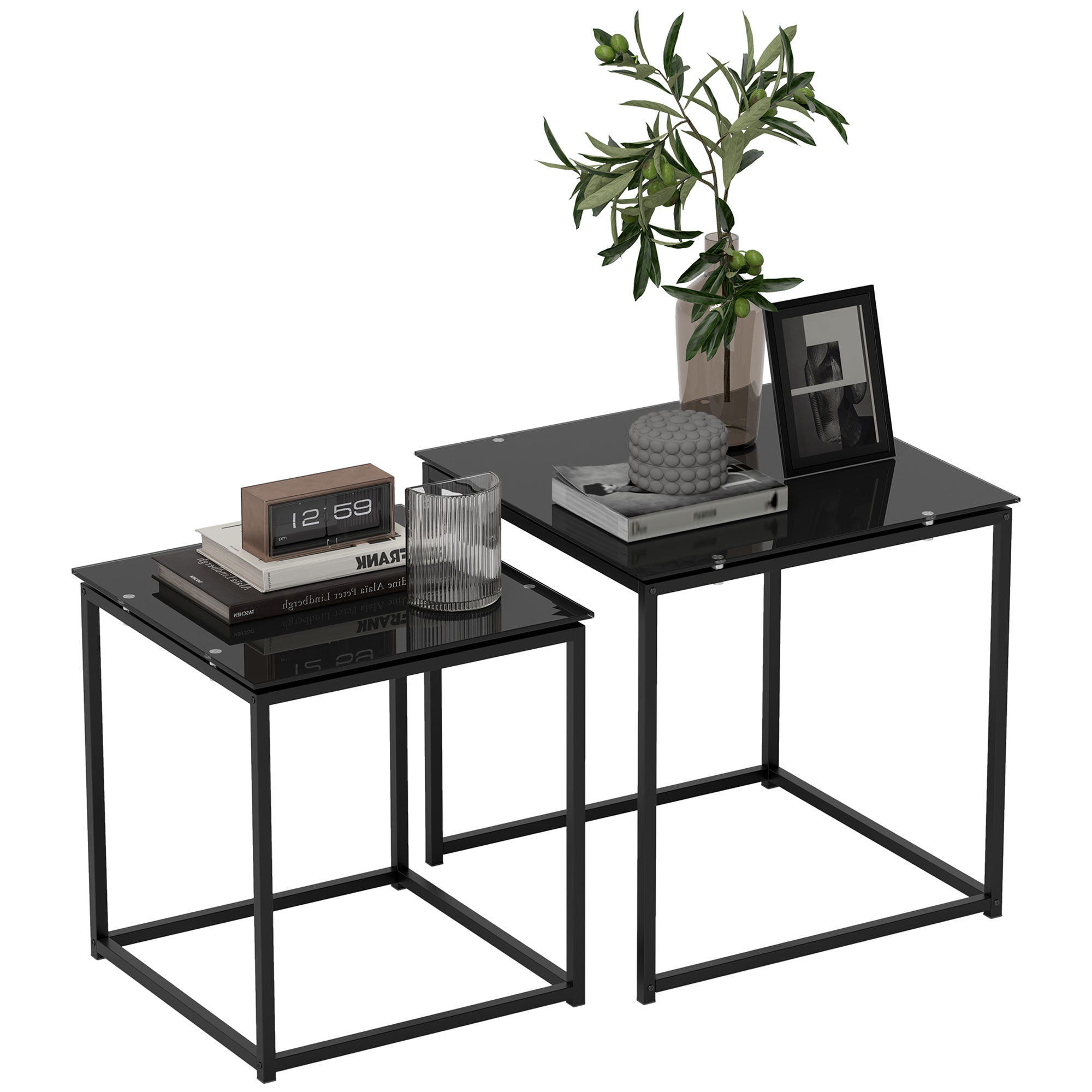 2er-Set Beistelltische, modernes Design, stapelbar, Glastisch, Schwarz