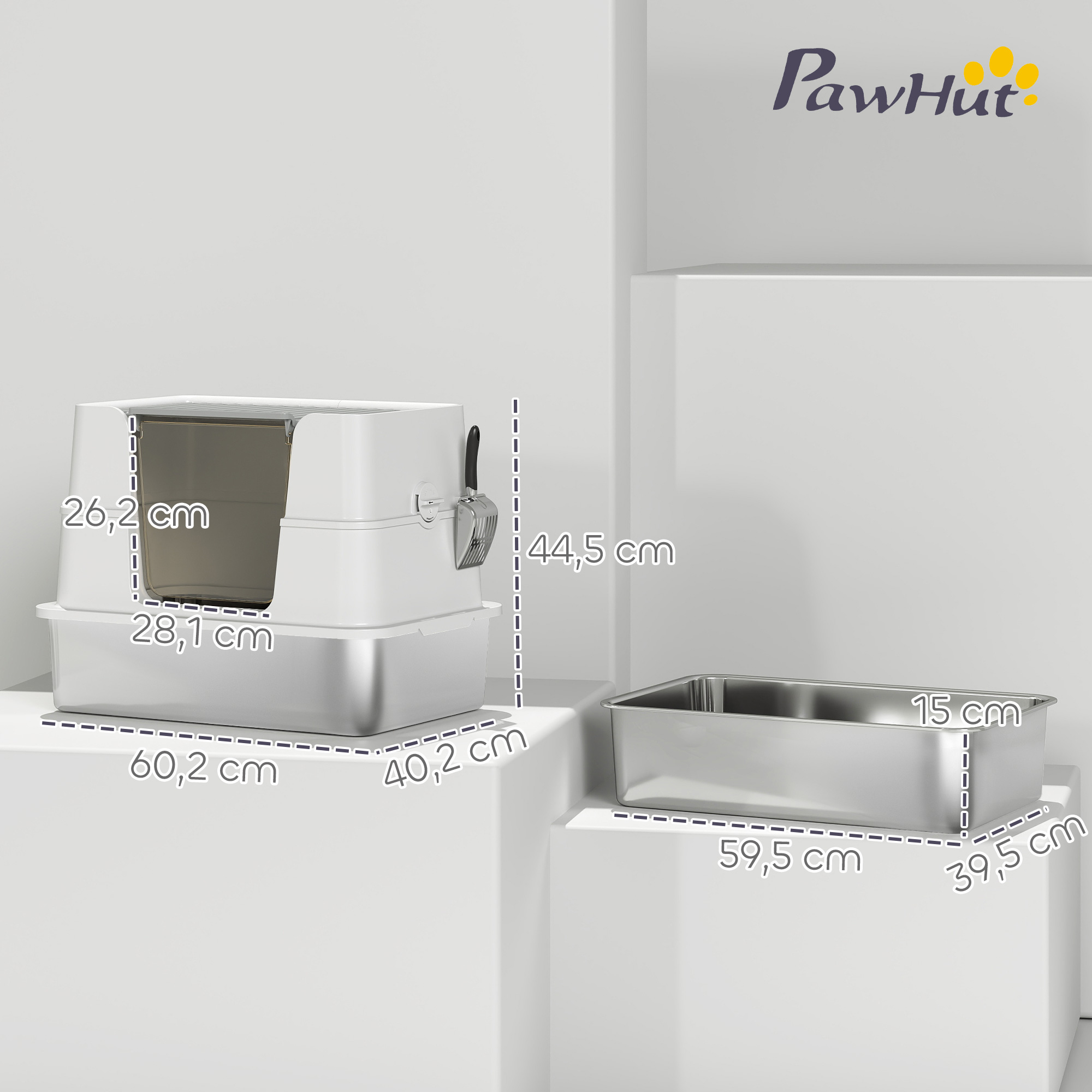 Katzentoilette, Edelstahl, XL-Innenraum, mit Schaufel, Hellgrau