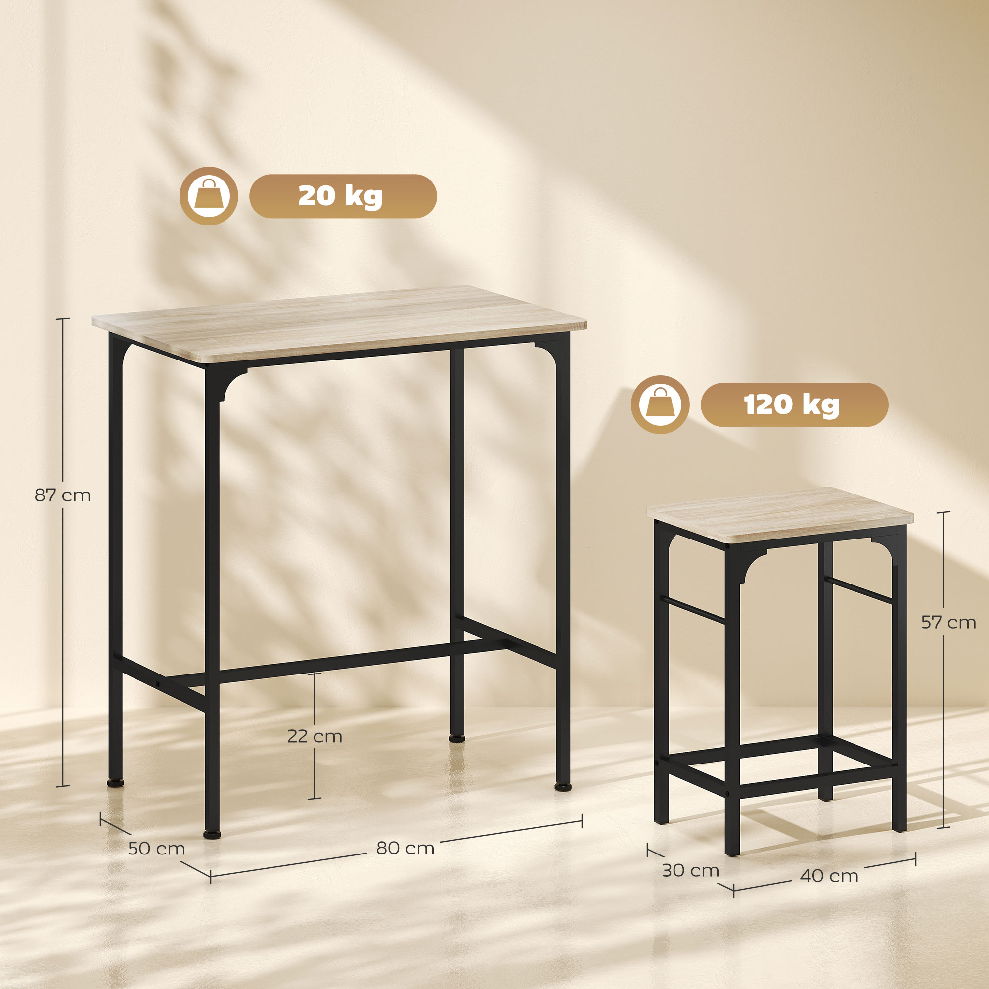 Bartisch Set Bartisch mit Barhocker-Set Esstisch mit 2 Stühlen mit Rutschfestem Fußpolster Naturholz