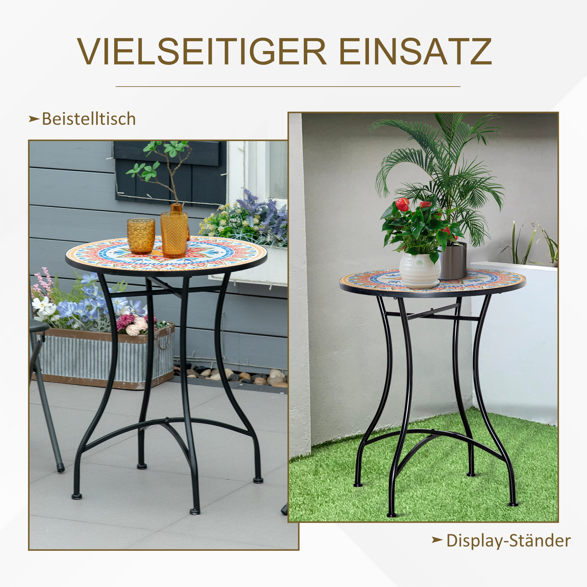 Gartentisch Ø60 cm, Wetterfest Balkontisch aus Metall, Esstisch Outdoor, Campingtisch Beistelltisch, rund Terrassentisch für Garten Terrasse Balkon Rot+Blau+Weiß