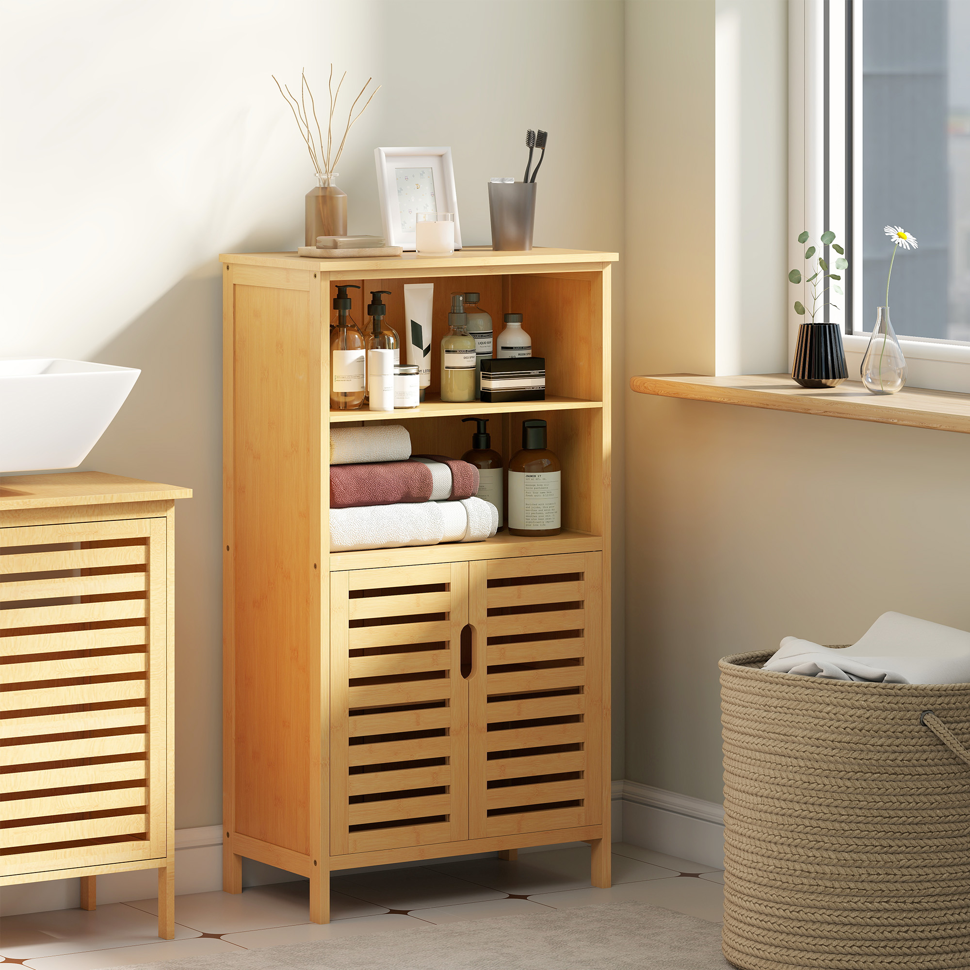 Badezimmerschrank aus Bambus, mit Lamellentüren, 2 Regale, 1 Schrank, 50 cm x 29 cm x 92 cm, Natur
