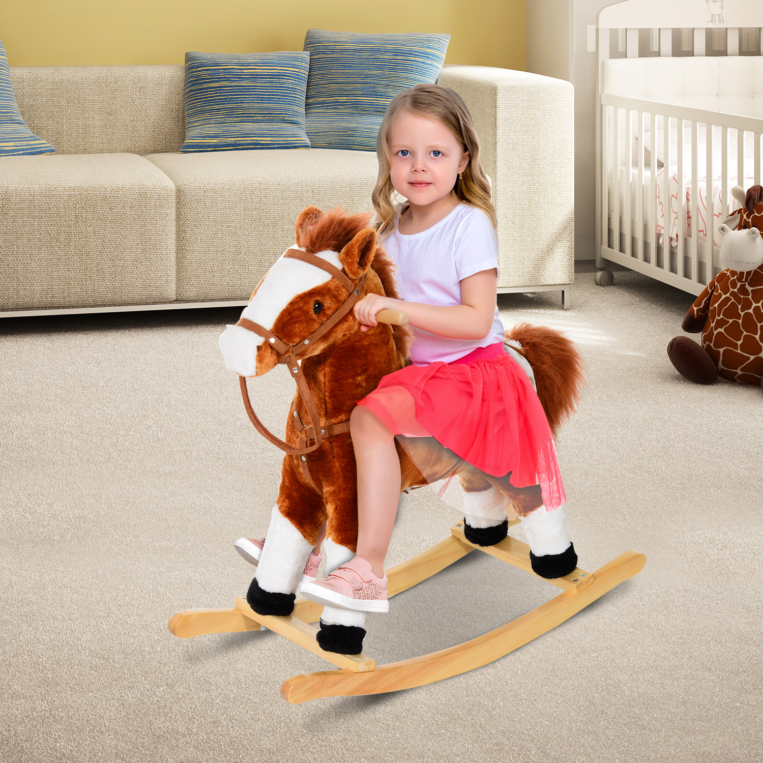 Kinder Schaukelpferd Baby Schaukeltier Pferd mit Tiergeräusche Spielzeug Haltegriffe für 3-6 Jahre Plüsch 74 x 28 x 65 cm Braun