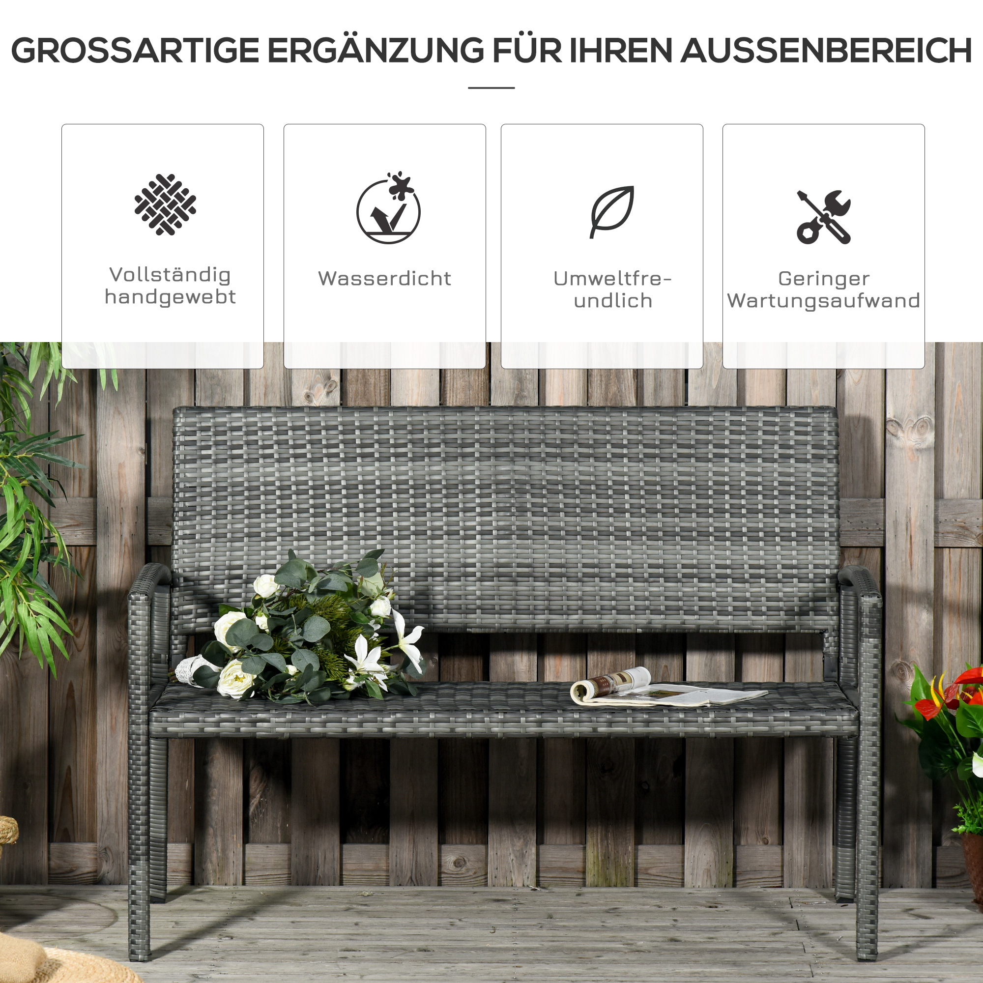 Gartenbank, in Rattanoptik, mit Stahlrahmen, für 2 Personen, Braun, 122 x 60 x 87cm
