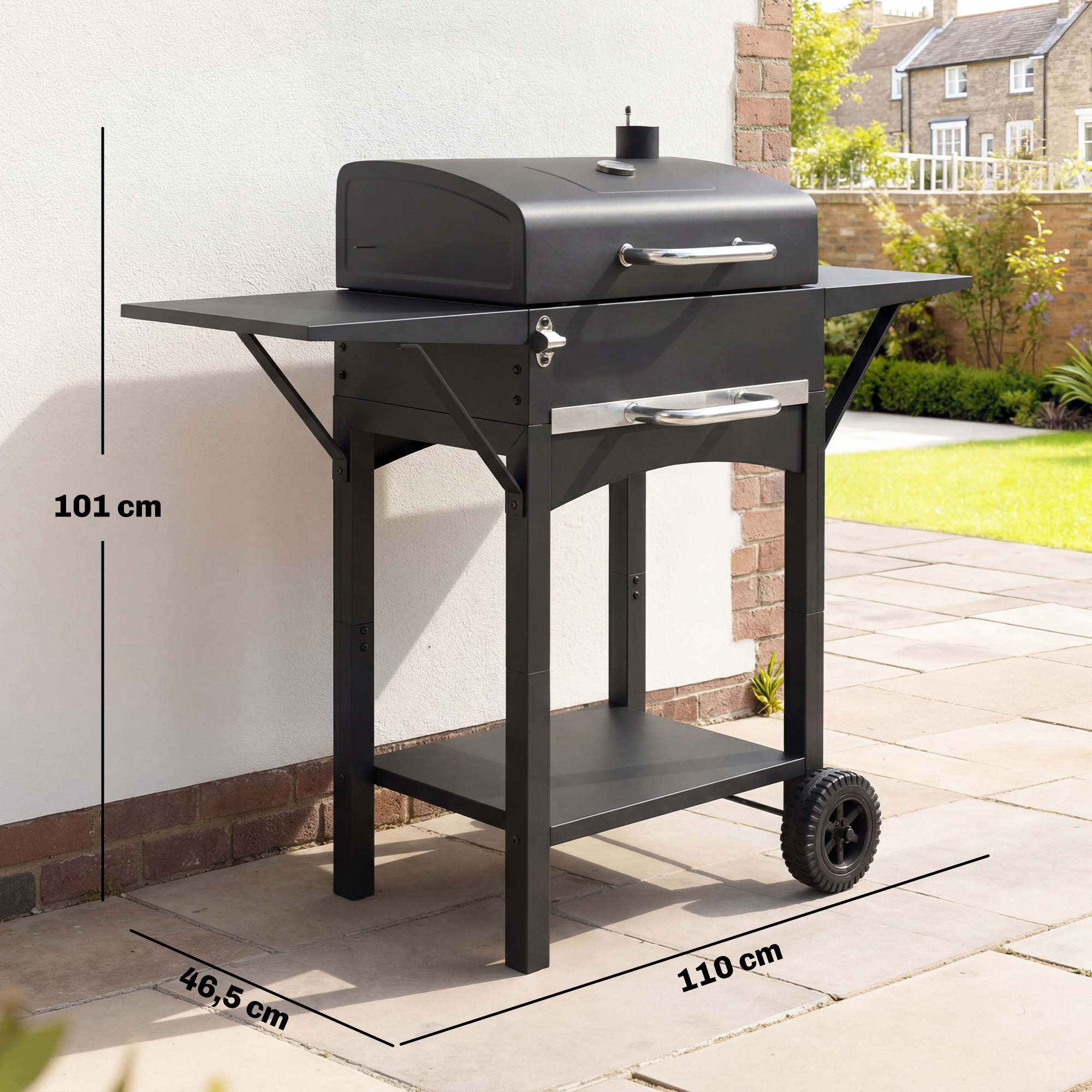 Holzkohlegrill mit Deckel, BBQ Smoker Grill mit 2 Seitentischen Große Grillfläche Grillrost Thermometer Räder
