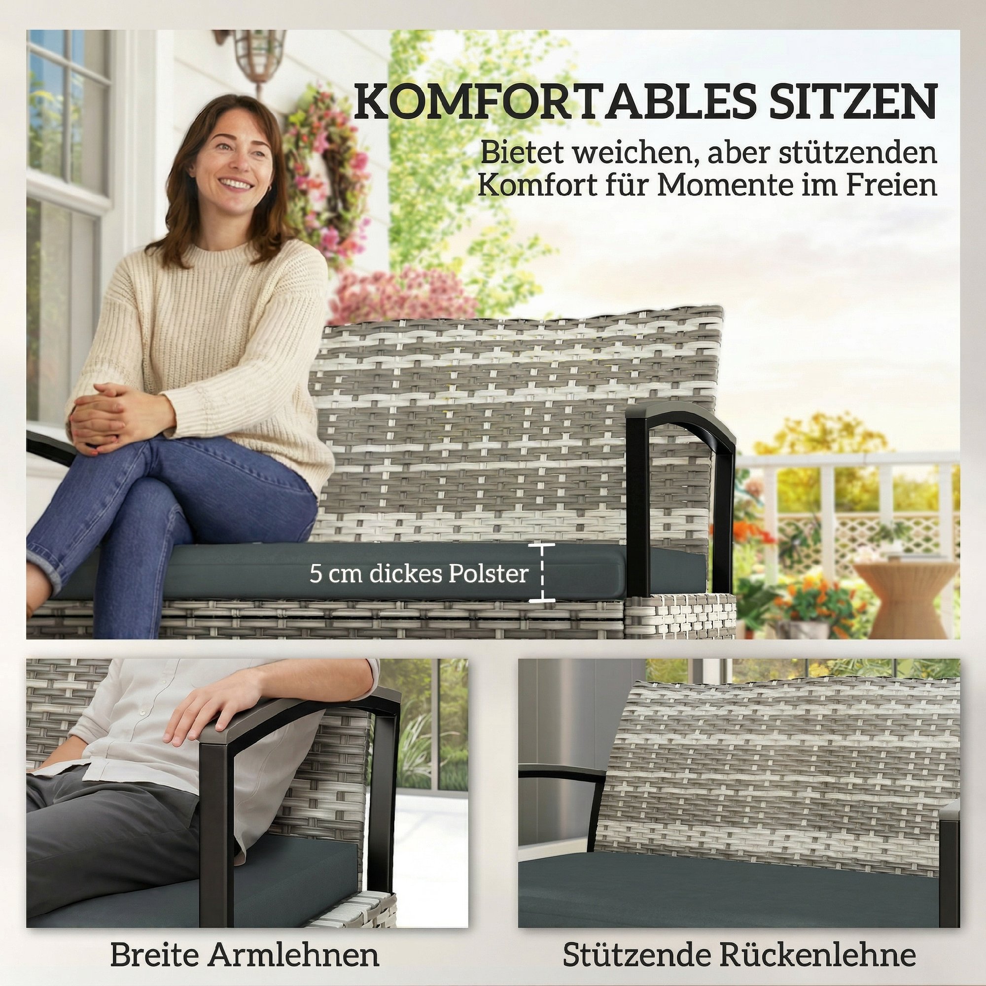 Gartenbank mit Stauraum 2-Sitzer Sitzbank mit Kissen Haltegriffen 125L Poly Rattan 123 x 70 x 82 cm Dunkelgrau