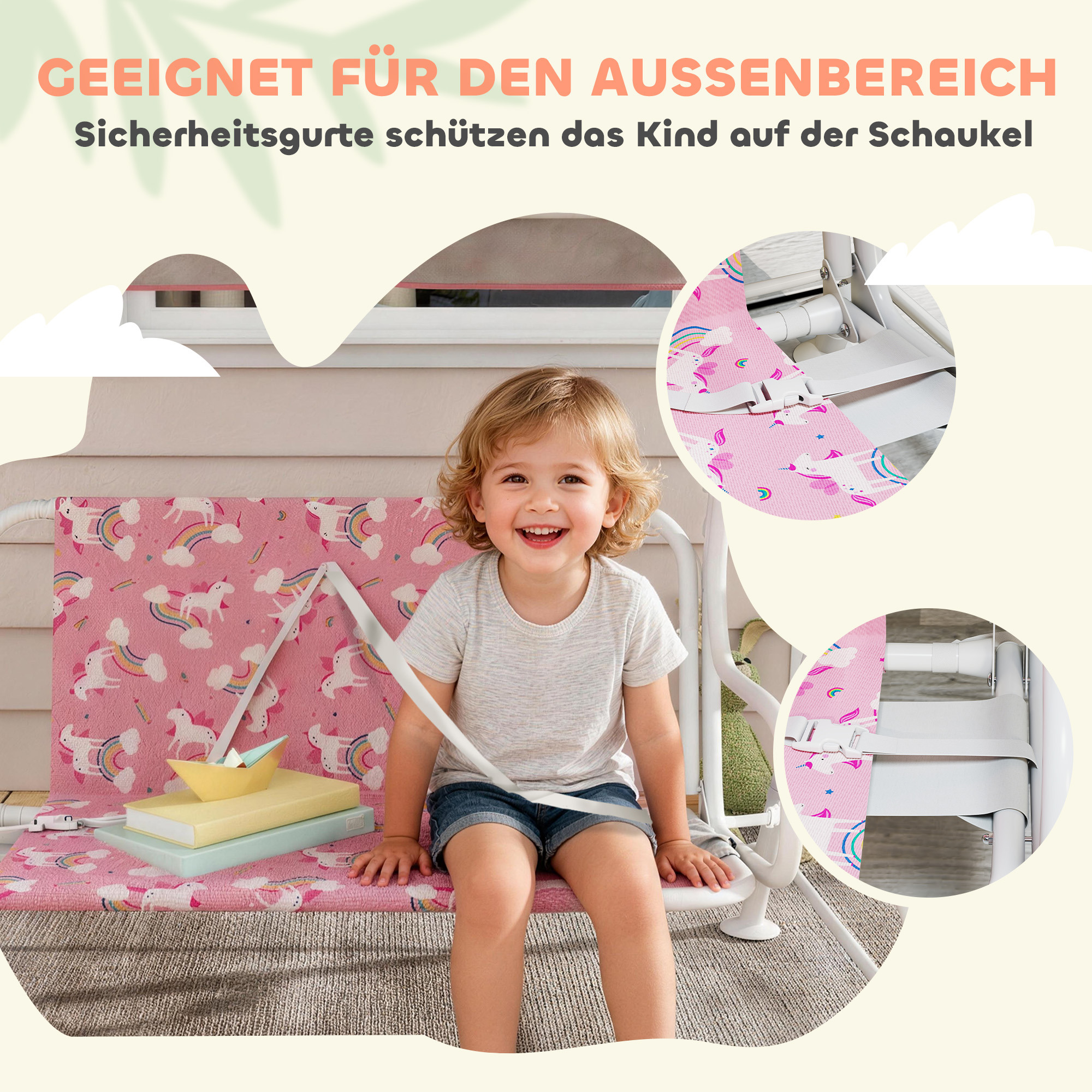 2-Sitzer Kinder Hollywoodschaukel mit verstellbarem Sonnendach, Sicherheitsgurt, für 3-6 Jahre Kinder bis 60 kg Rosa