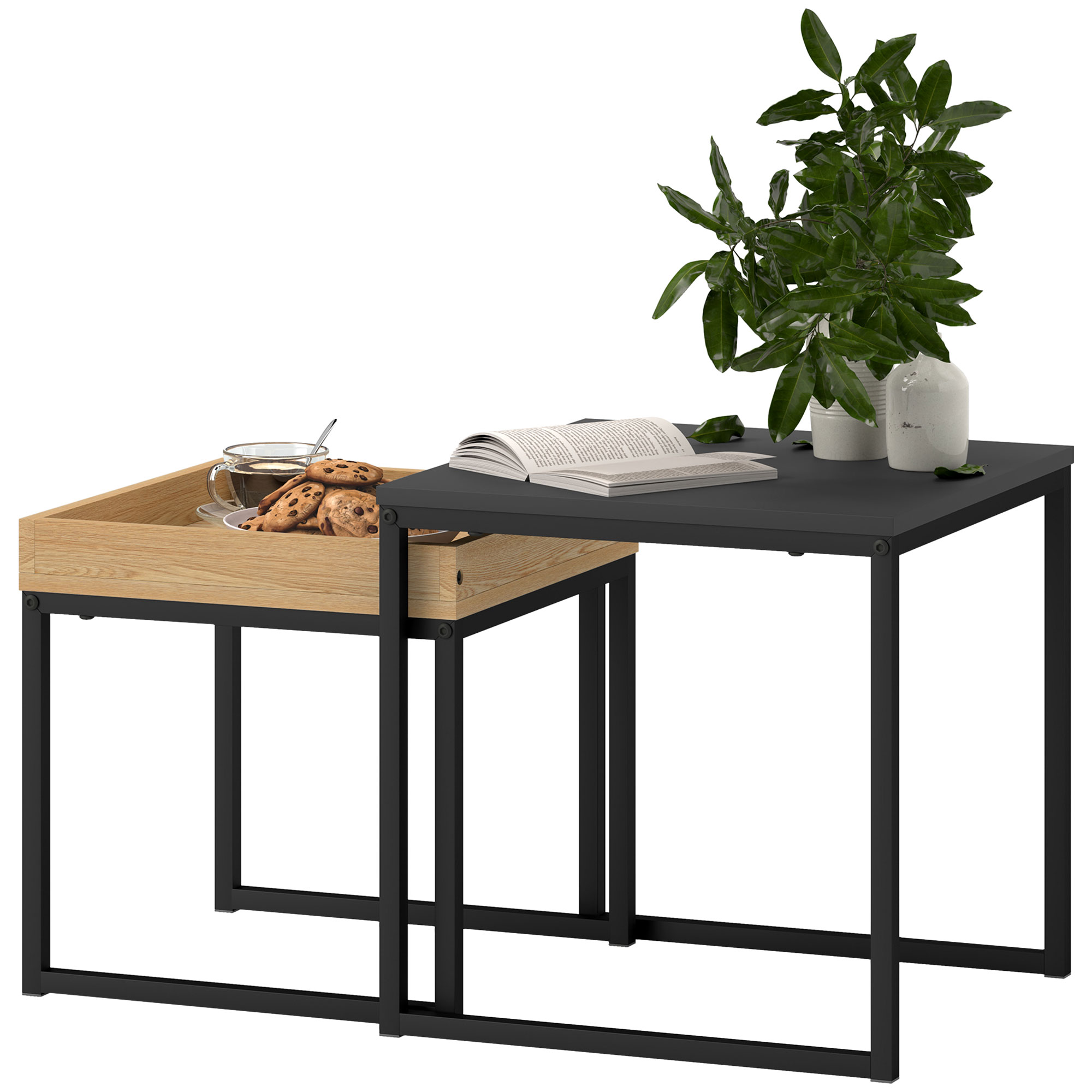 moderner Couchtisch, 2er-Set Sofatisch, für kleine Räume, Quadratisch, MDF, Metall, Schwarz