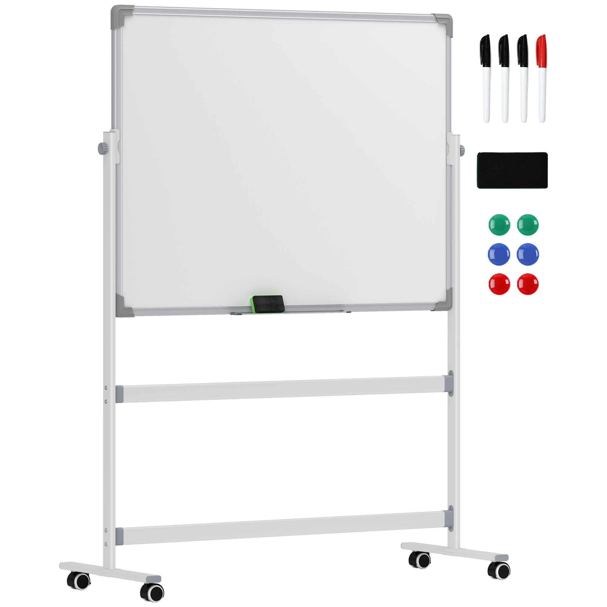 Whiteboard,120 x 90 cm, magnetisch, drehbar, mobil, inkl, Marker & Schwamm, Metallgestell, Weiß