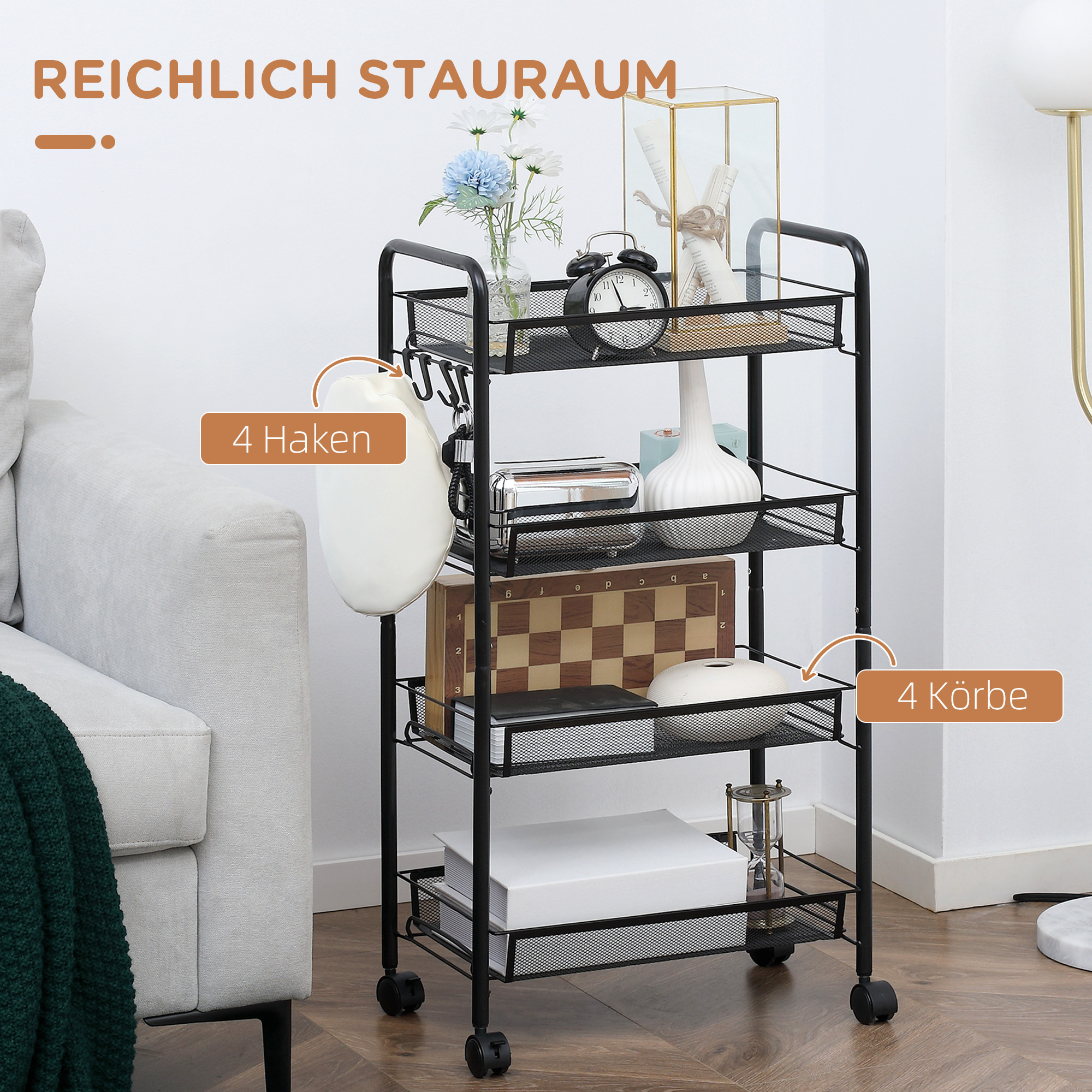 Rollwagen mit 4 Hängekörben, Servierwagen auf Rollen, fahrbar, abnehmbare Haken, Stahl, 45 x 26,5 x 84 cm, Schwarz