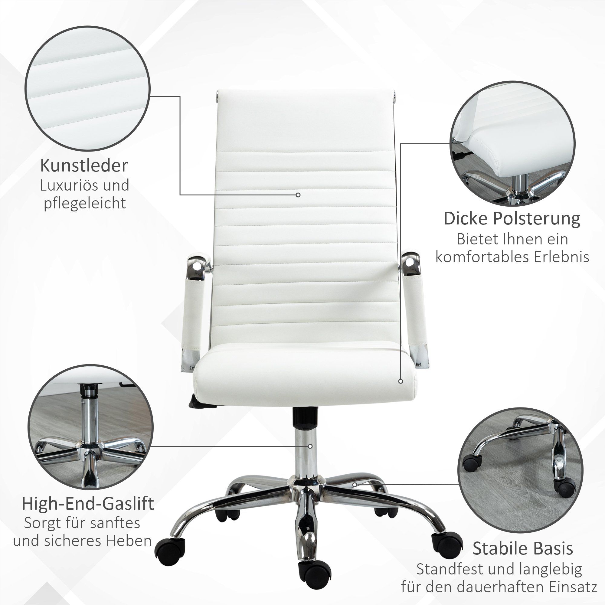 Bürostuhl ergonomischer Schreibtischstuhl mit Wippfunktion Chefsessel höhenverstellbarer Drehstuhl gepolstert Kunstleder Schaumstoff Weiß 54 x 62 x 104-114 cm