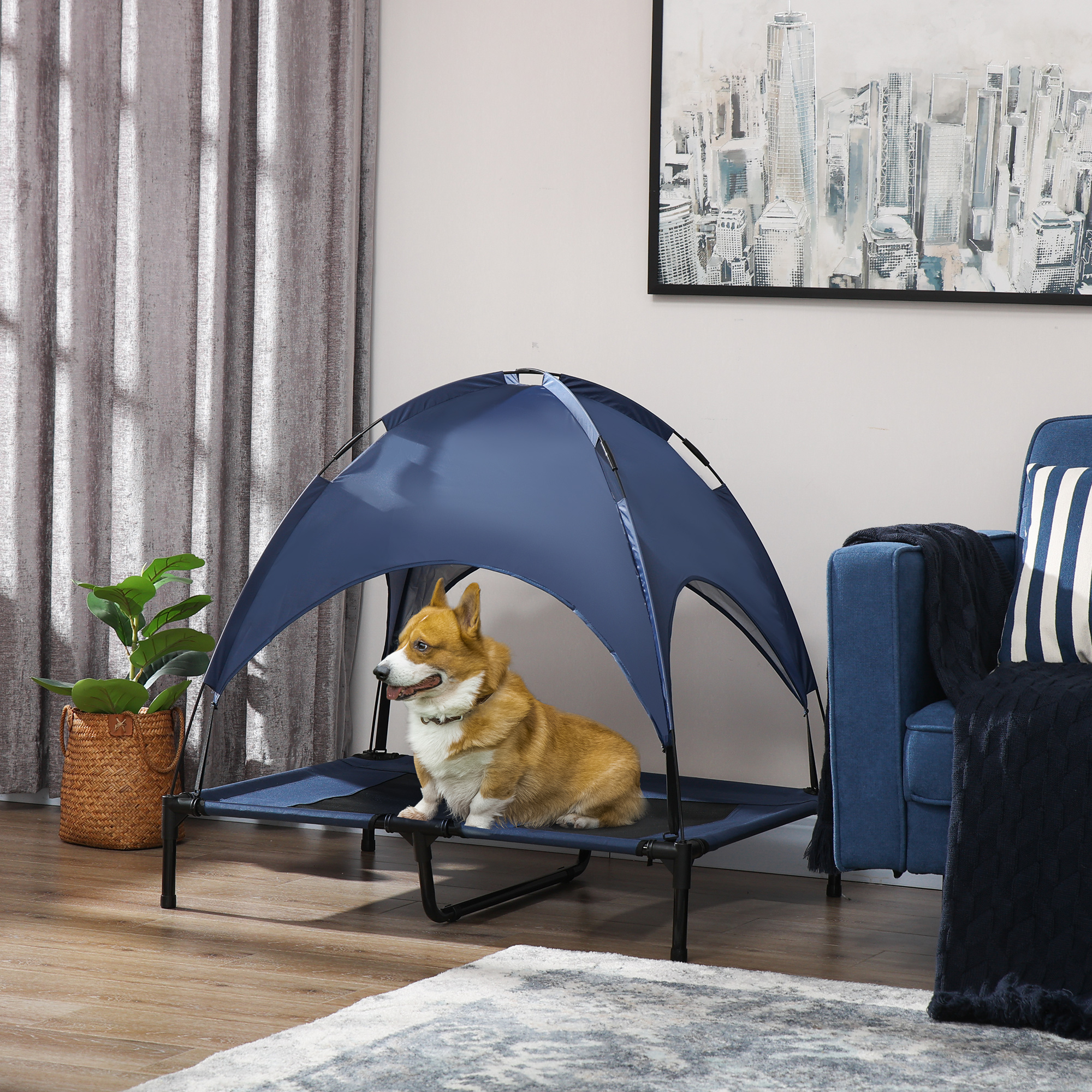 Hundebett mit Baldachin, Outdoor-Hundebett, klappbar, erhöhter Stand, Blau + Schwarz