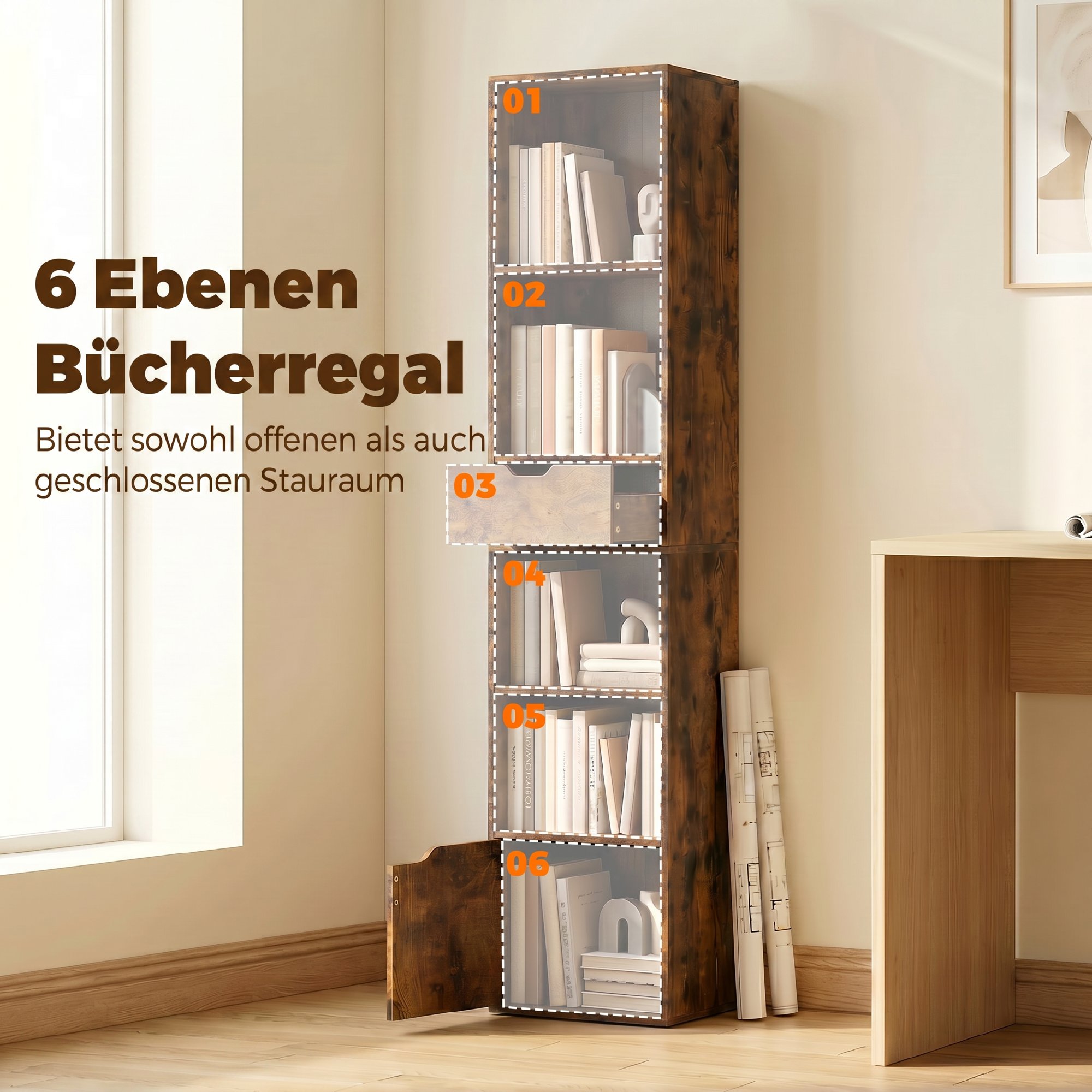 Bücherregal mit 6 Ebenen, 3-stufig verstellbar, mit Schublade, Schranktür, anpassbares Regal, Ausstellungsregal, Braun