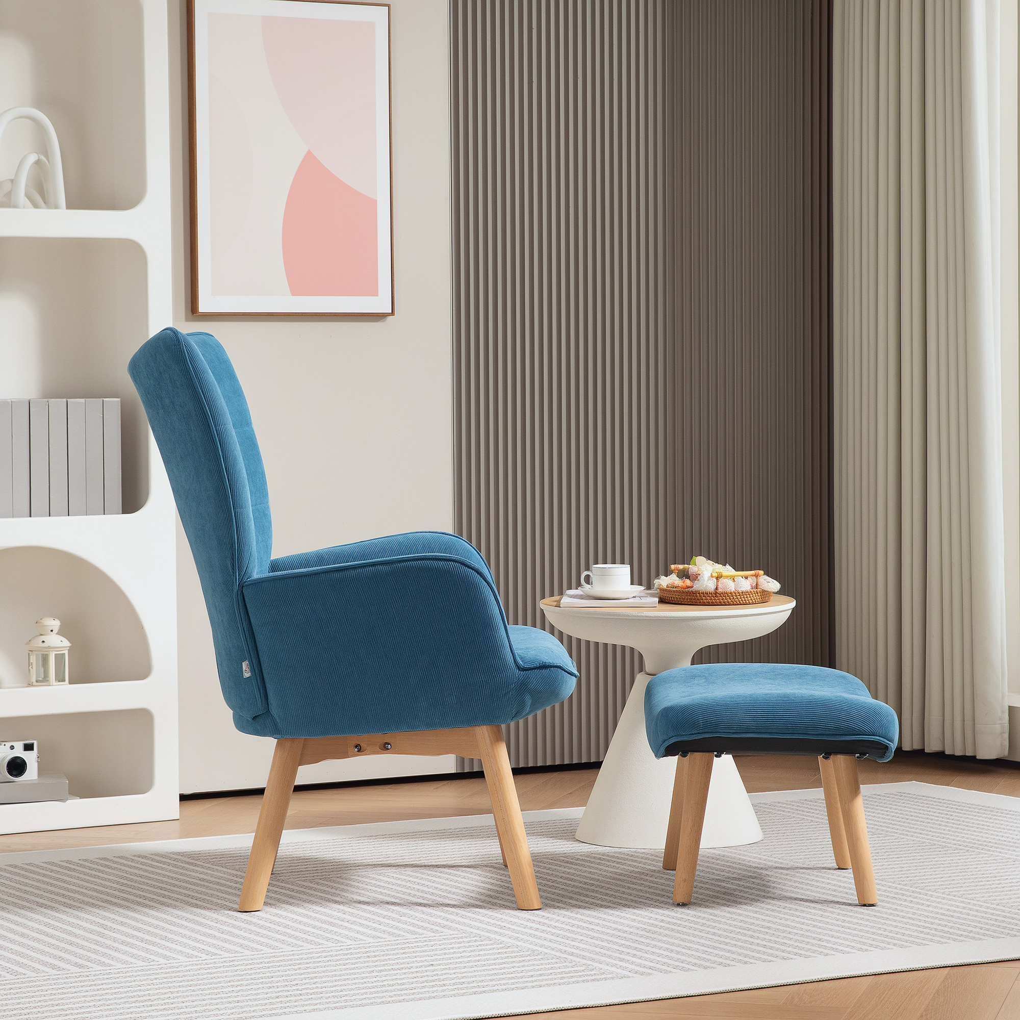 Akzentsessel mit Hocker, Relaxsessel in Cord-Optik, Armlehnstuhl mit Holzbeinen, für Wohnzimmer, Blau