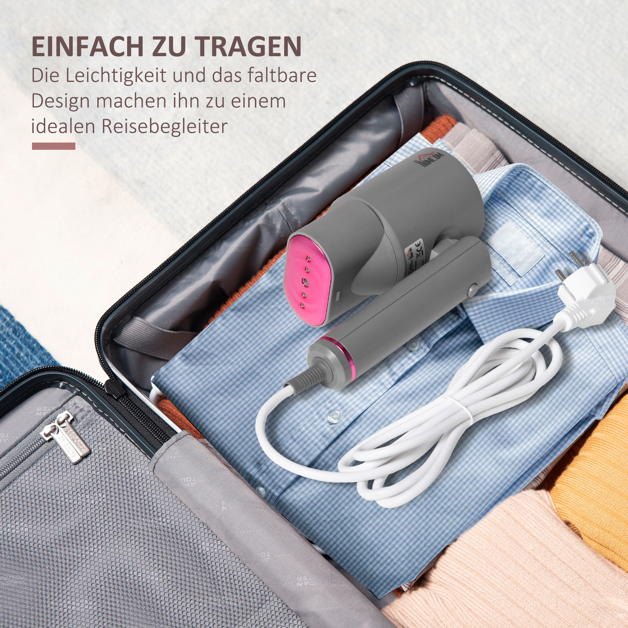 Dampfglätter Dampfbürste Steamer Reisebügeleisen faltbar Kleidung Hemden Dampfbügeleisen mit 160 ml Wassertank 1520 W schnelles Aufheizen Aluminium Kunststoff Grau+Rosa 27,5 x 18,2 x 9 cm