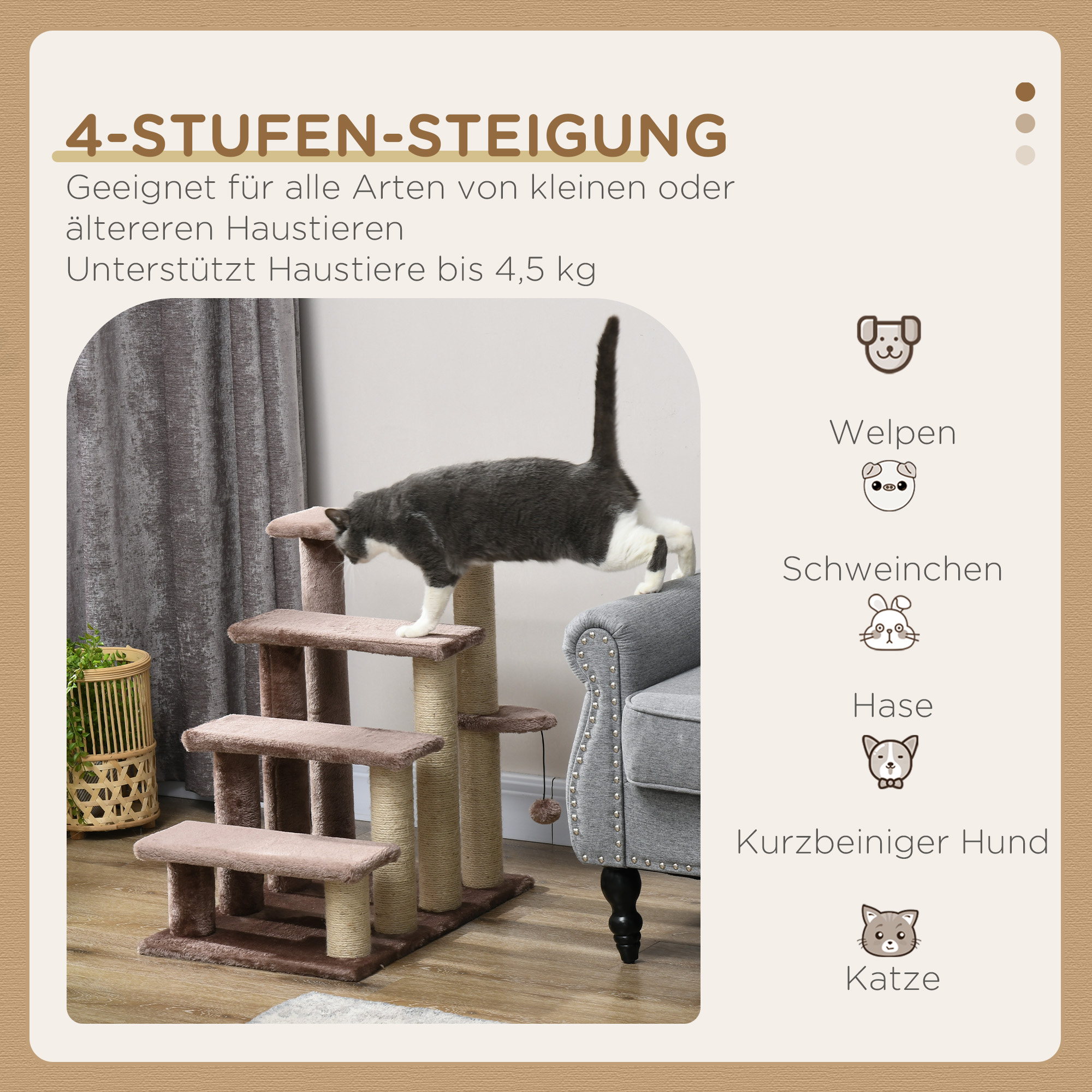 Haustiertreppe, Kratzbaum, 4-stufig, für Tiere bis 5 kg, 60x40x64cm, Braun