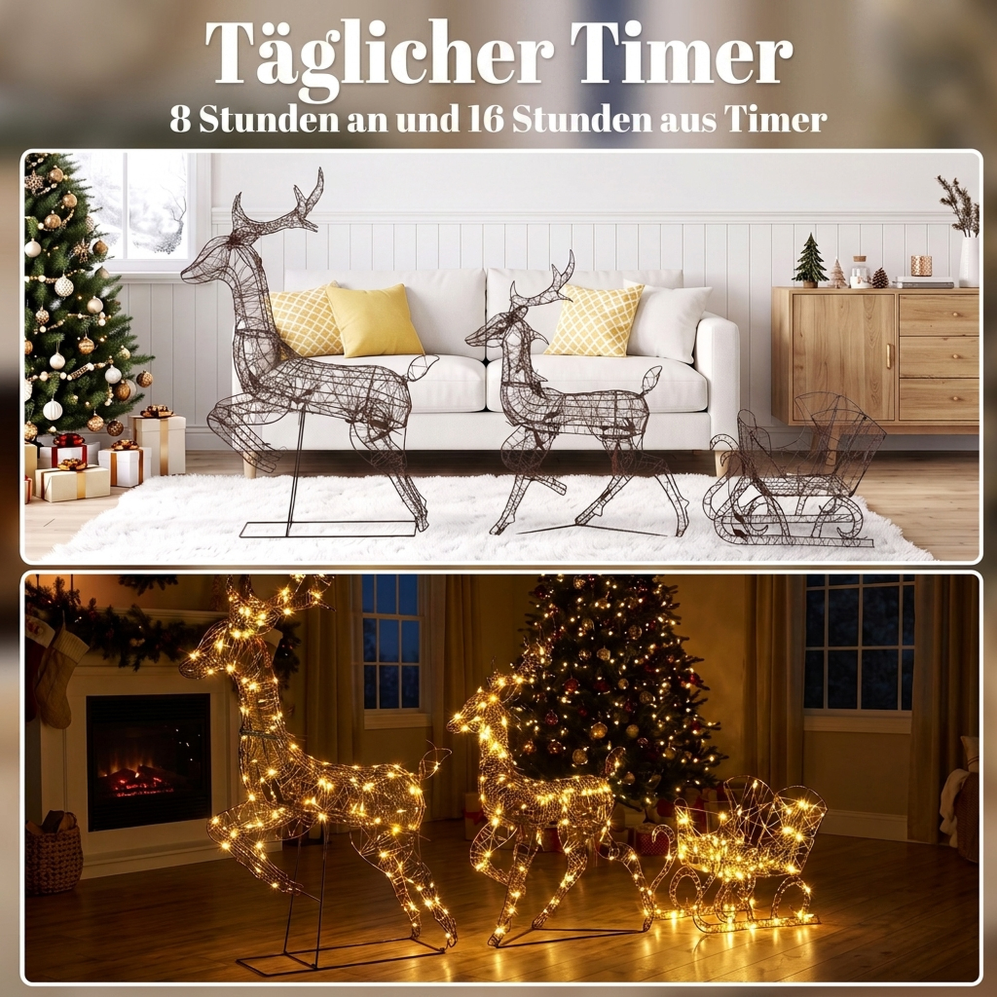 3-tlg. beleuchtetes Rentier- und Schlitten-Set, Weihnachtsdeko aus Polyrattan mit LEDs, 8 Modi, Timer