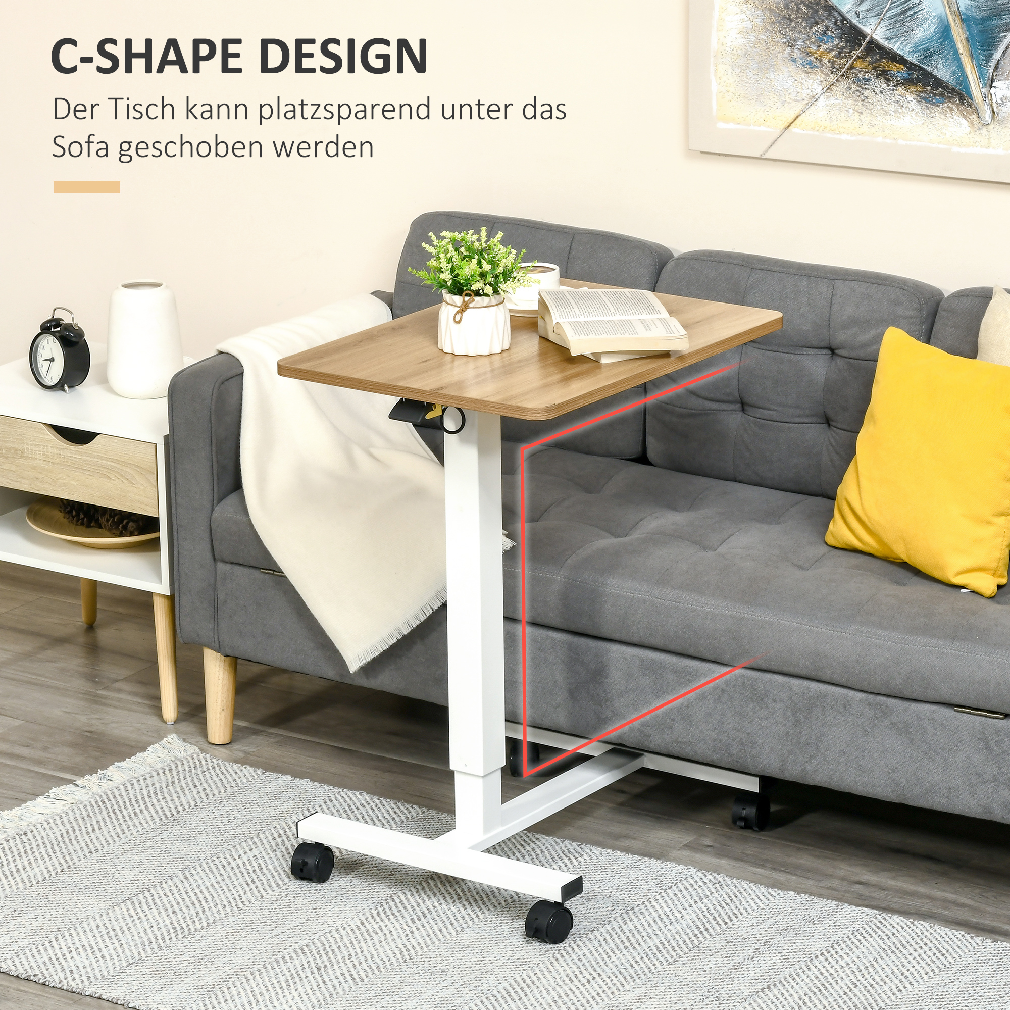 Stehpult Höhenverstellbar inkl. 4 Rollen C-Form 65 cm x 48 cm x 70-110 cm  Natur + Weiß