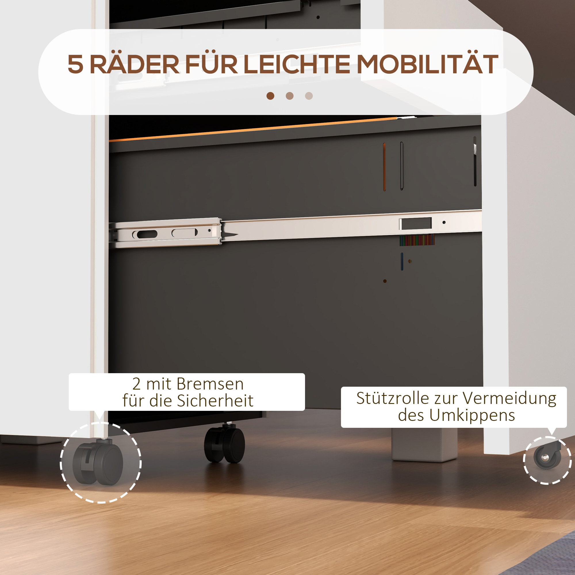 Rollcontainer Aktenschrank, 3 Schubladen, abschließbar, rollbar, 37 cm x 43,5 cm x 60 cm, Weiß