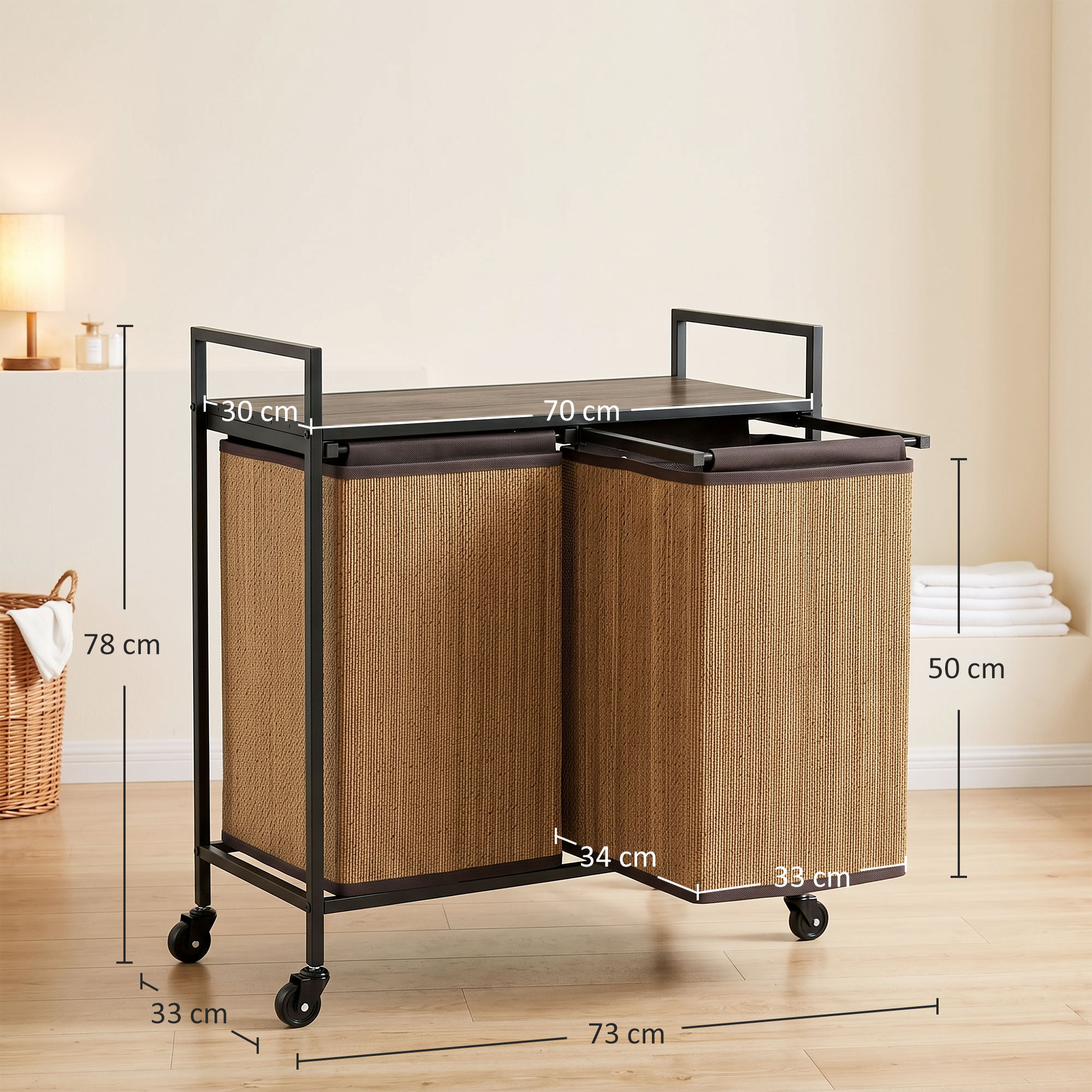 Wäschekorb Bambus 2 Fächer 120 L Wäschesammler mit Regal Ablage, Wäschebox Wäschesack, Rollbar 73x33x78 cm, Braun
