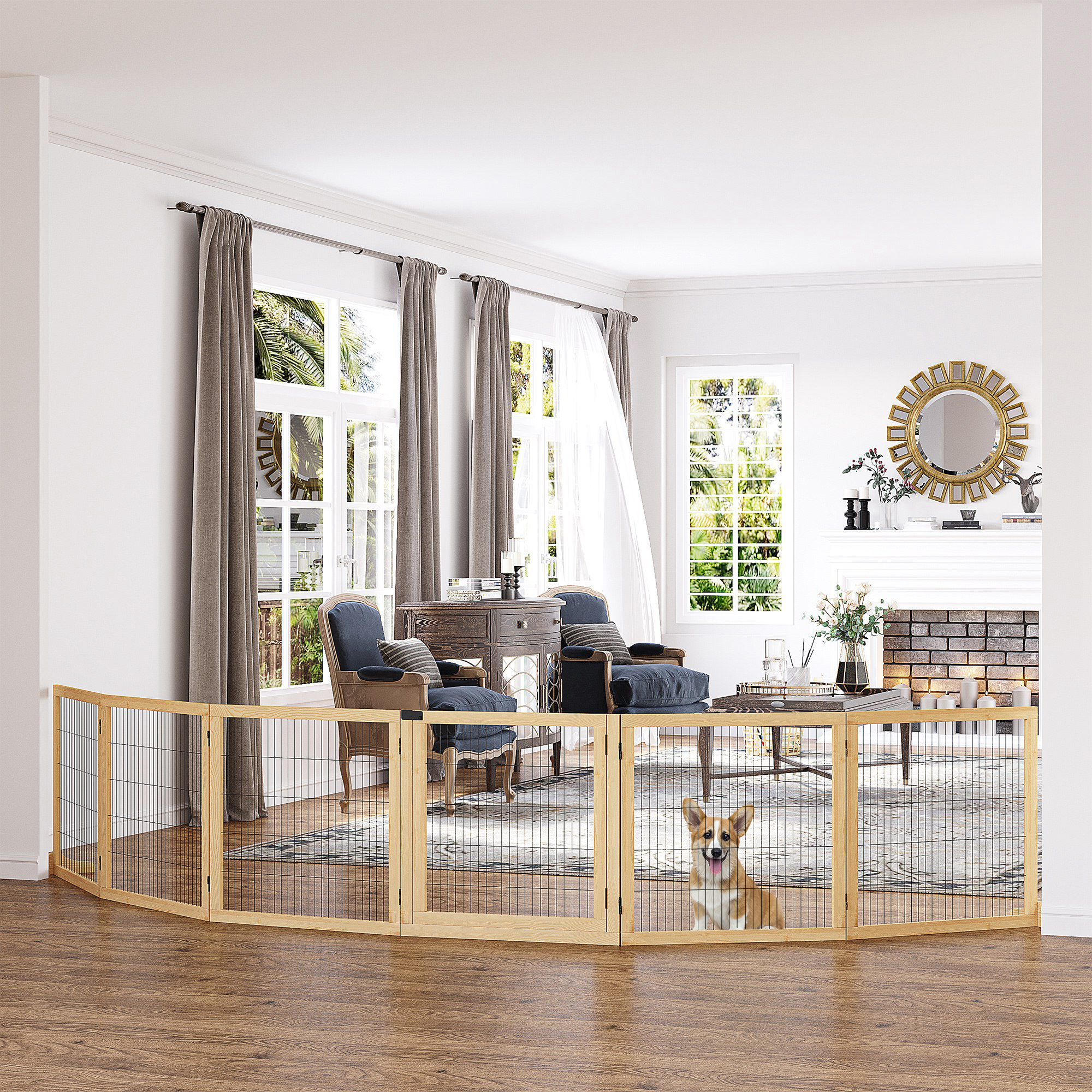 Haustiergitter Absperrgitter für Hunde, Kiefernholz, klappbar 432 x 36 x 70c m, Natur