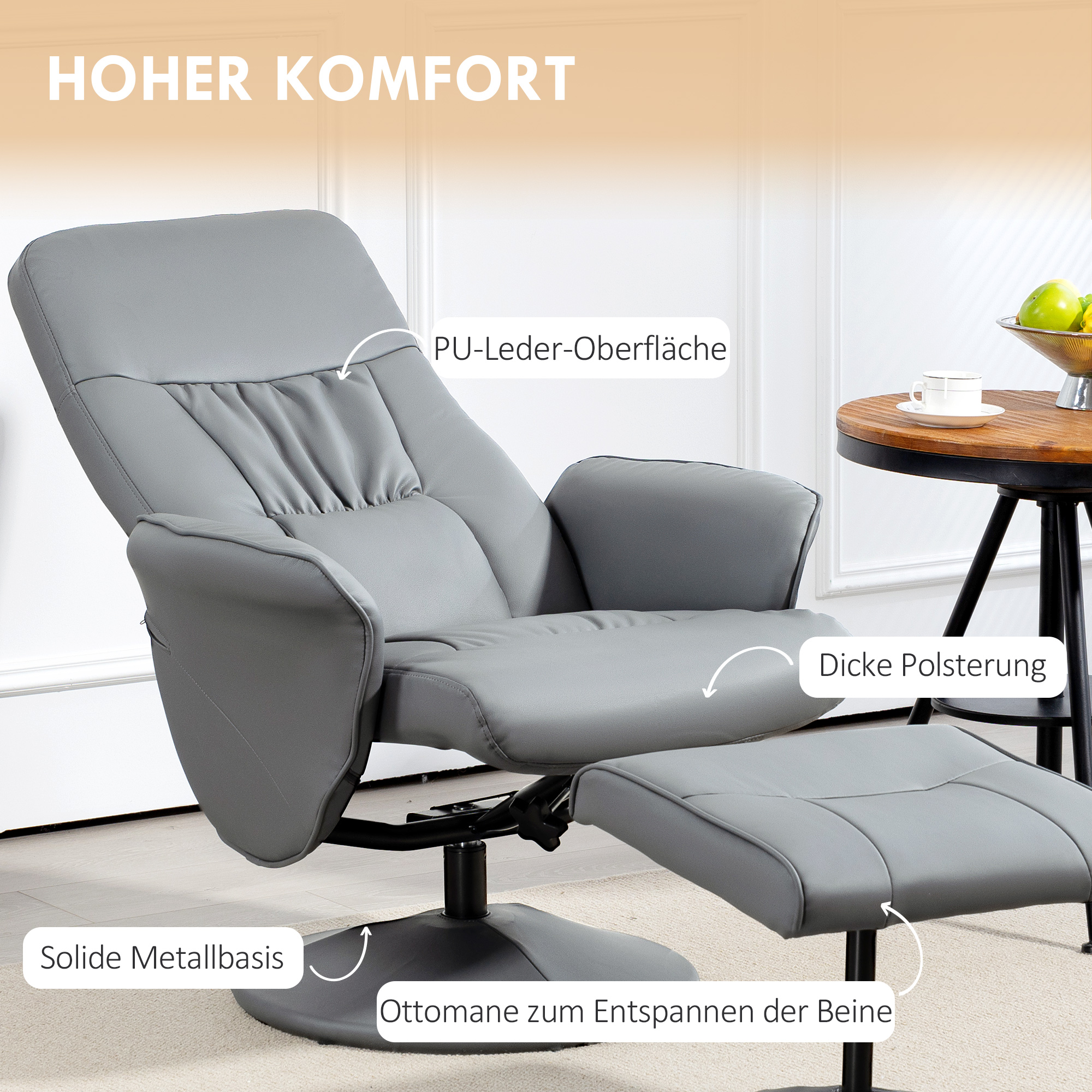 2-teiliges Sessel-Set Sessel mit Fußhocker Relaxsessel mit Fußhocker, höhenverstellbar, neigbare Rückenlehne, Hellgrau