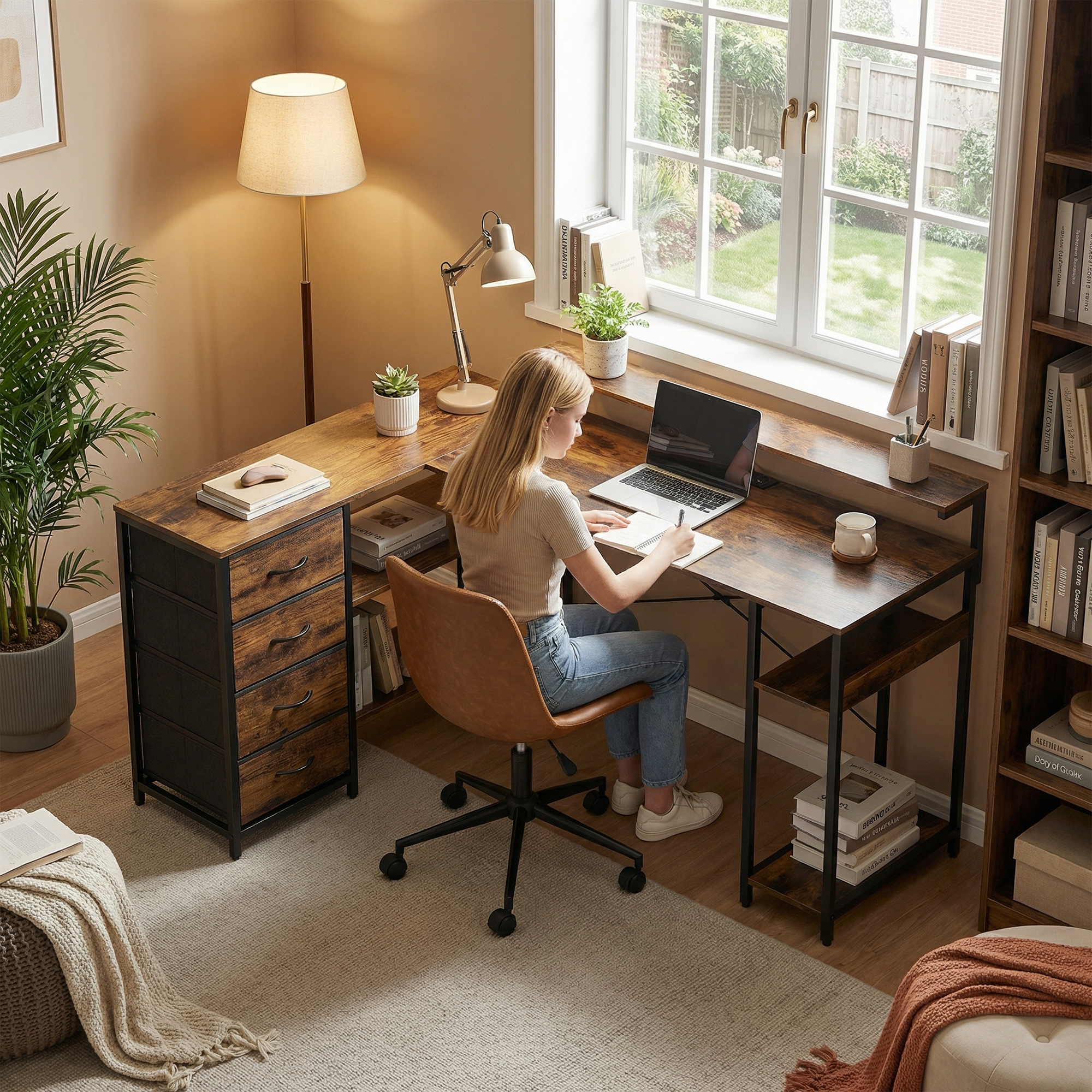 Gaming Tisch L-förmig Schreibtisch mit Stromanschluss LED-Beleuchtung 4 Schubladen Monitorständer 155x110x91,4 cm Braun