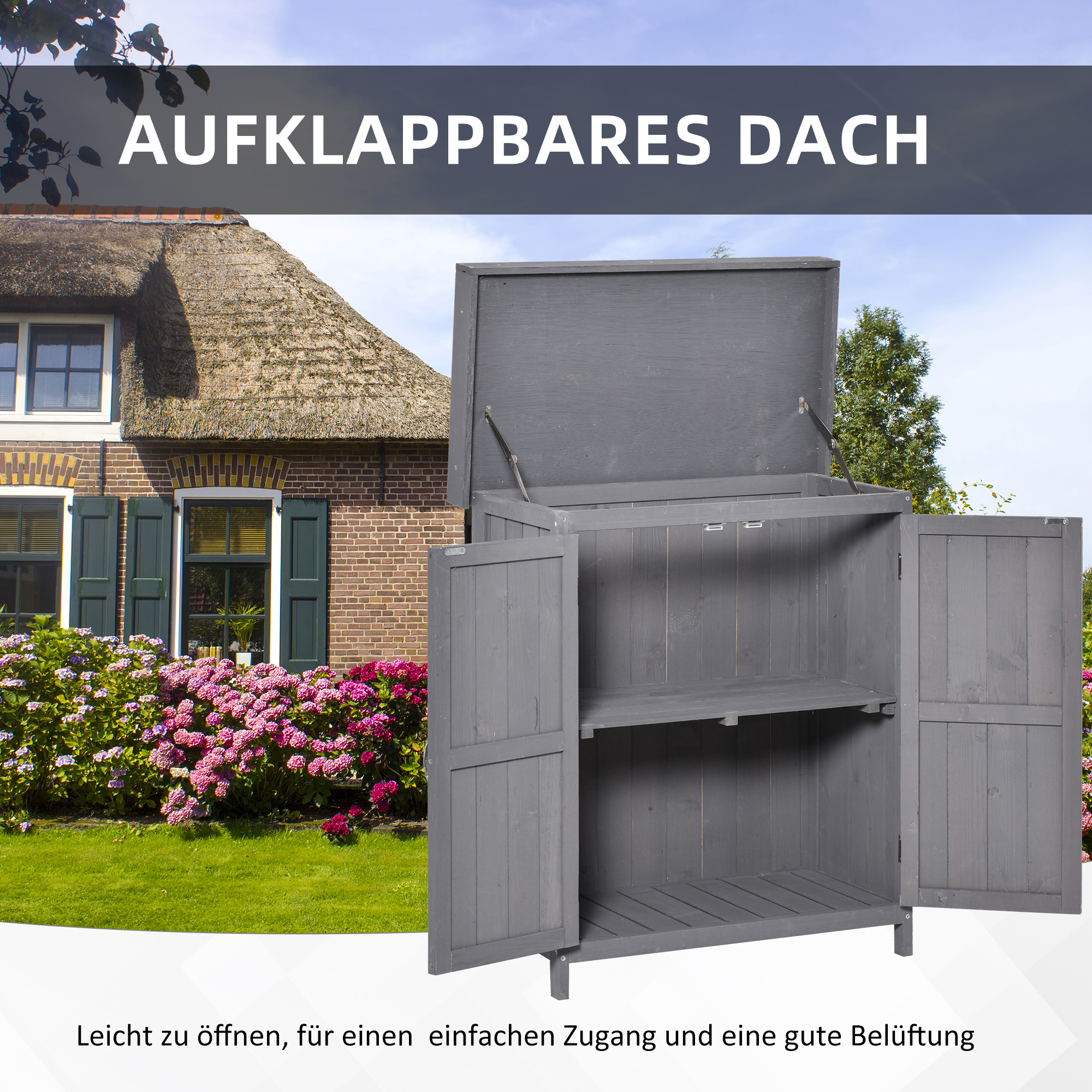 Geräteschrank, Doppeltür, Klappdeckel, 2 Regalfächer, wetterfest, Naturholz, grau, 74 x 43 x 88cm