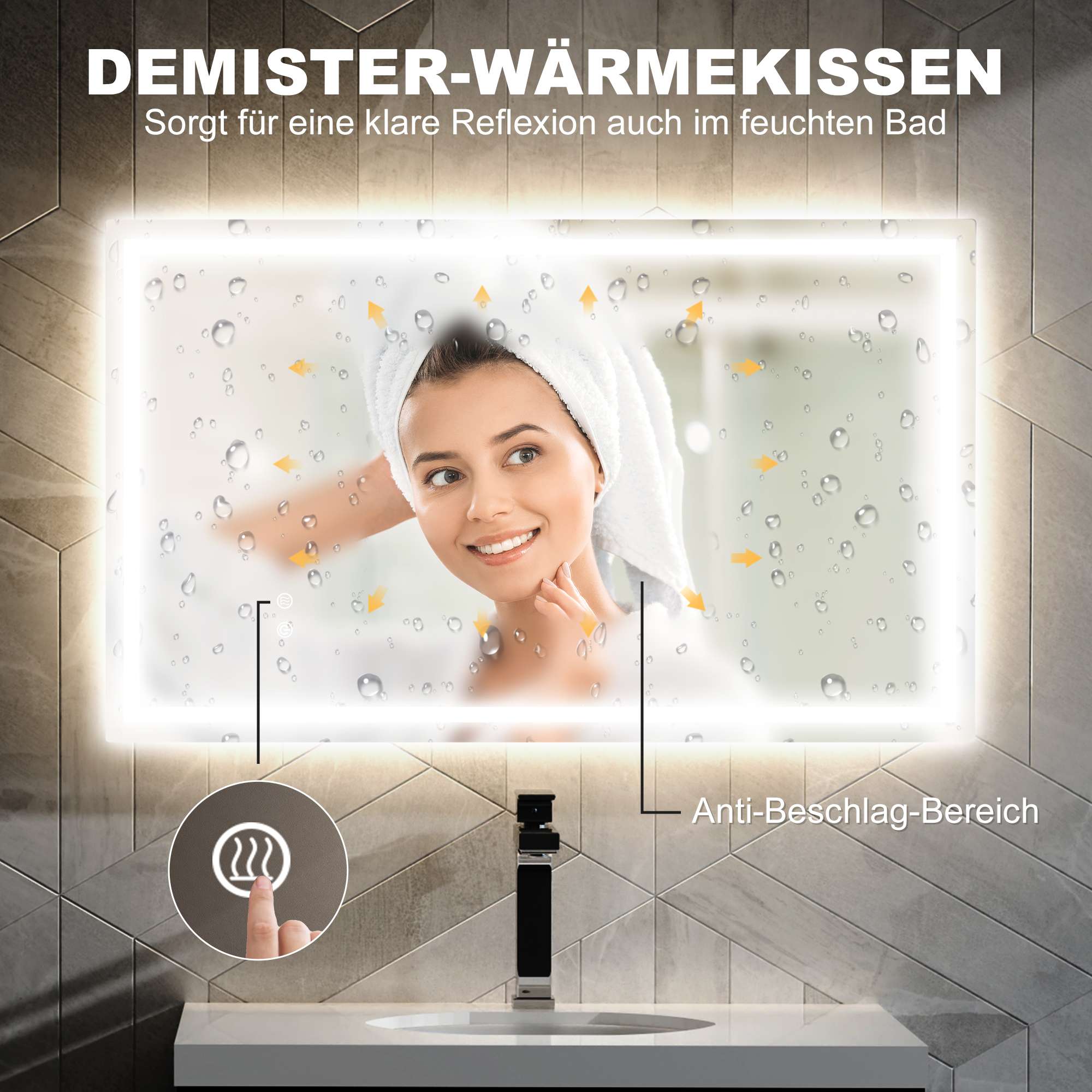 LED-Badezimmerspiegel, einstellbare Helligkeit, Antibeschlag-Funktion, wasserfest