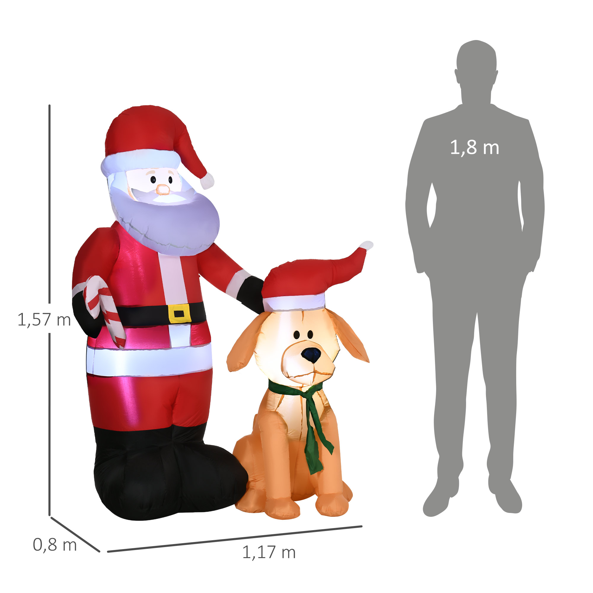 Weihnachtsdeko, Weihnachtsmann mit Hund, aufblasbar, groß, inkl. Gebläse, 117 x 80 x 157 cm