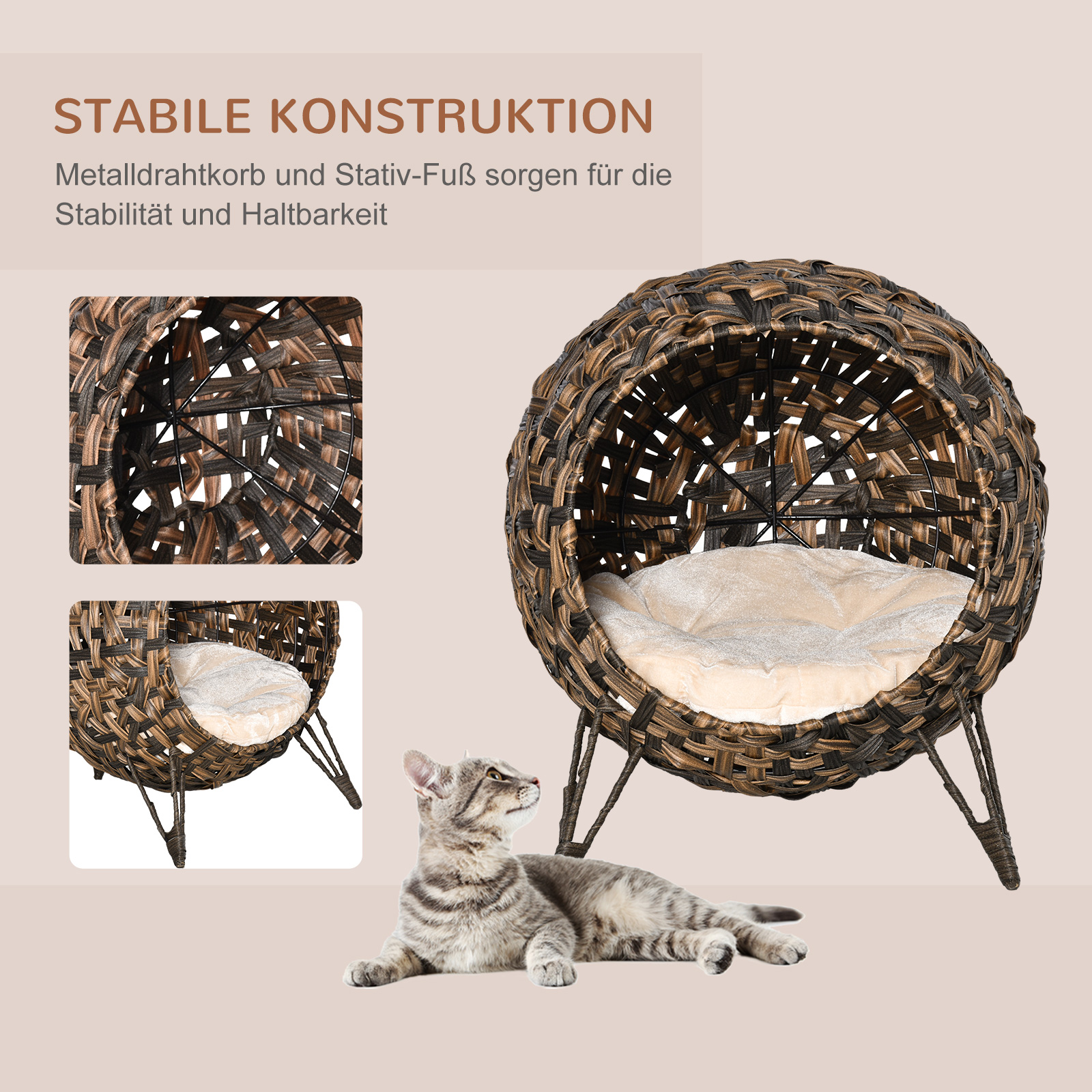 Katzenhaus aus Rattan mit Kissen Katzenschlafplatz Katzenhöhle mit erhöhten Füßen Braun Ø52 x 58 cm