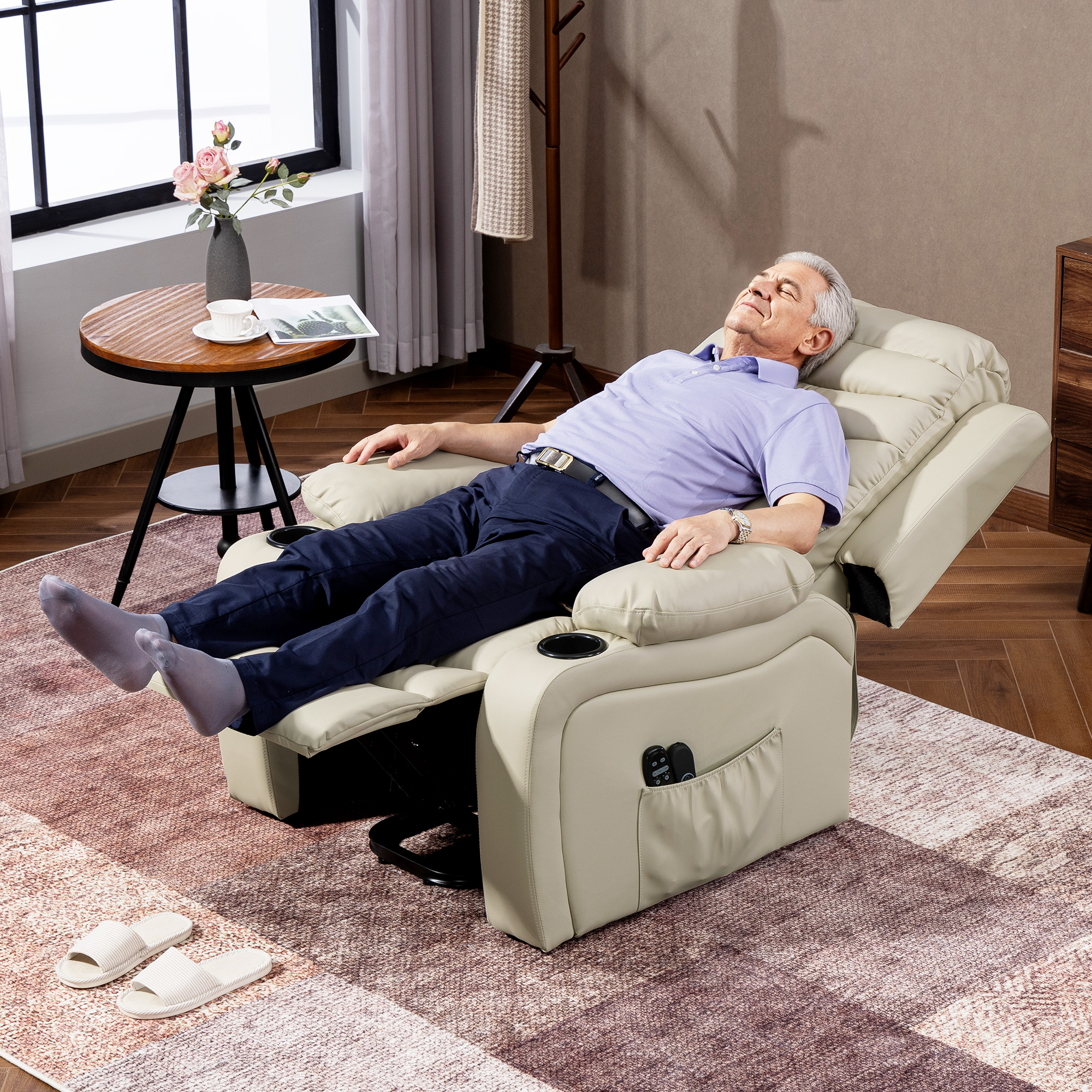 Fernsehsessel Relaxsessel Elektrisch mit Aufstehhilfe, Massage, Heizung, USB-Anschlüsse, PU, Creme