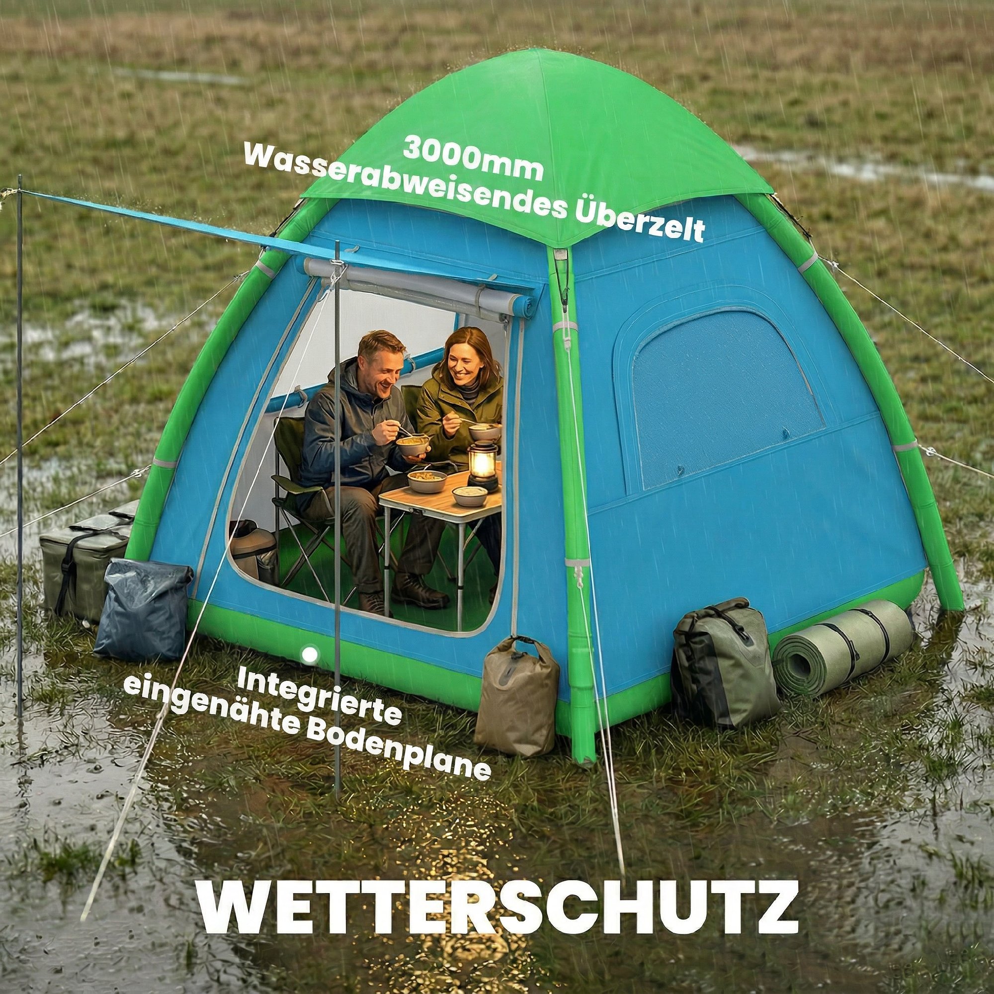 aufblasbares Zelt 3 Personen Schneller Aufbau Outdoor Camping Zelt mit Luftpumpe Meshfenster abnehmbar Dach