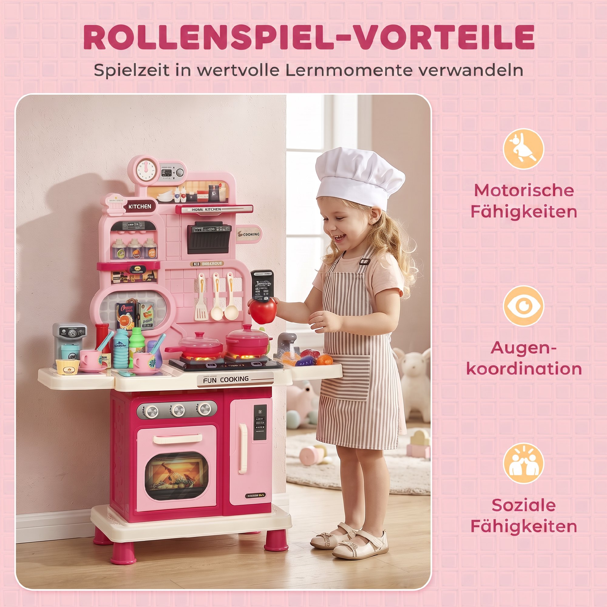 Kinderküche Kinder 33-teilig Spielküche Zubehör mit Licht, Sound, Stauraum, Spielspüle, Herd und Backofe 3-6 Jahren