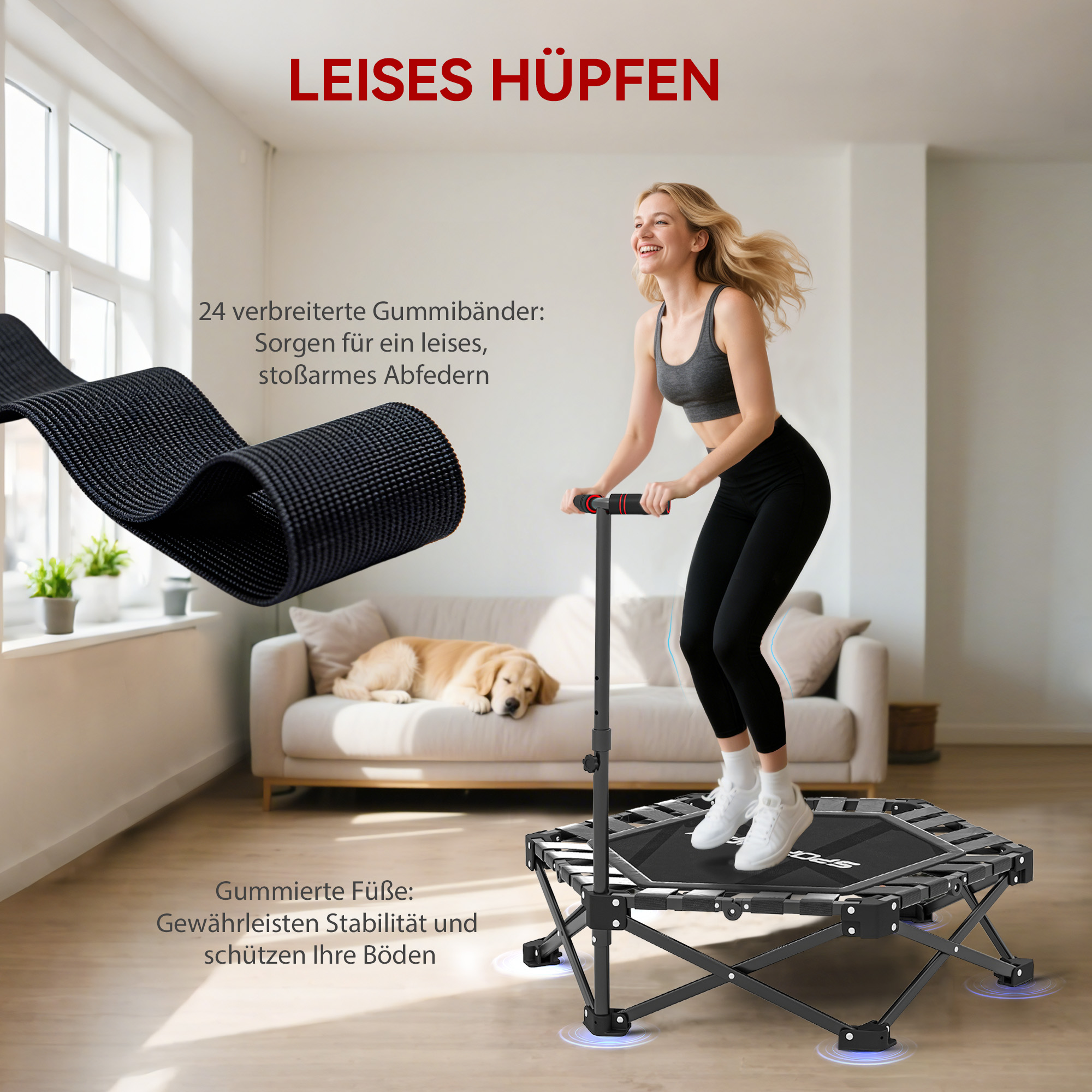 Fitness-Trampolin mit verstellbarem T-Griff, faltbar, Tragetasche, 120 kg Belastbarkeit, Stahl, Kunststoff, Schwarz