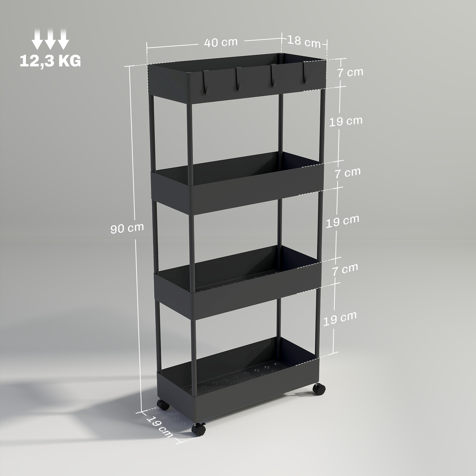 Küchenwagen mit 4 Regalen, 4 flexiblen Haken, 4 Rollen, 40 cm x 19 cm x 90 cm, Nischenwagen, Schwarz