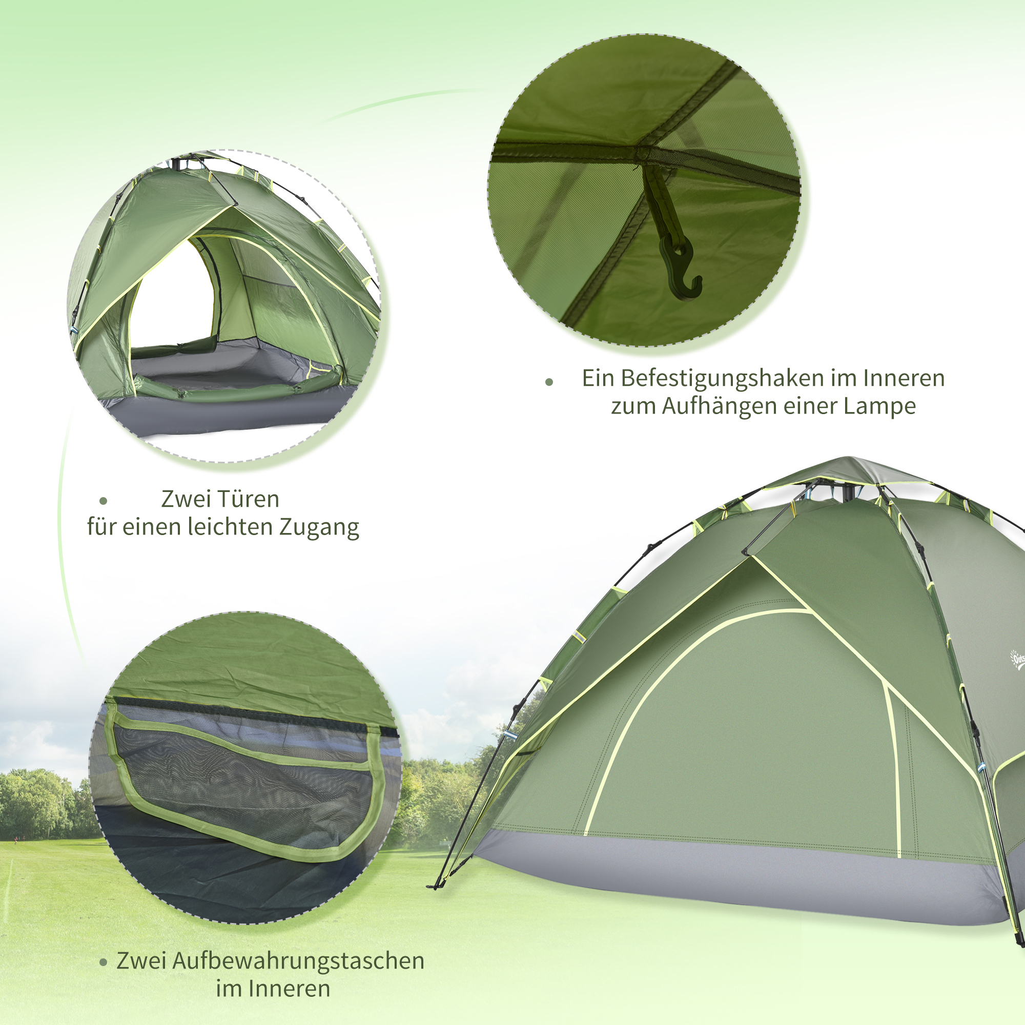Doppelzelt Campingzelt Outdoorzelt Familienzelt Quick-Up-Zelt 2 Erwachsene + 1 Kind 4 Jahreszeiten wasserdicht Tragetasche 2 Türen Polyester + Glasfaser Dunkelgrün 210 x 210 x 140 cm