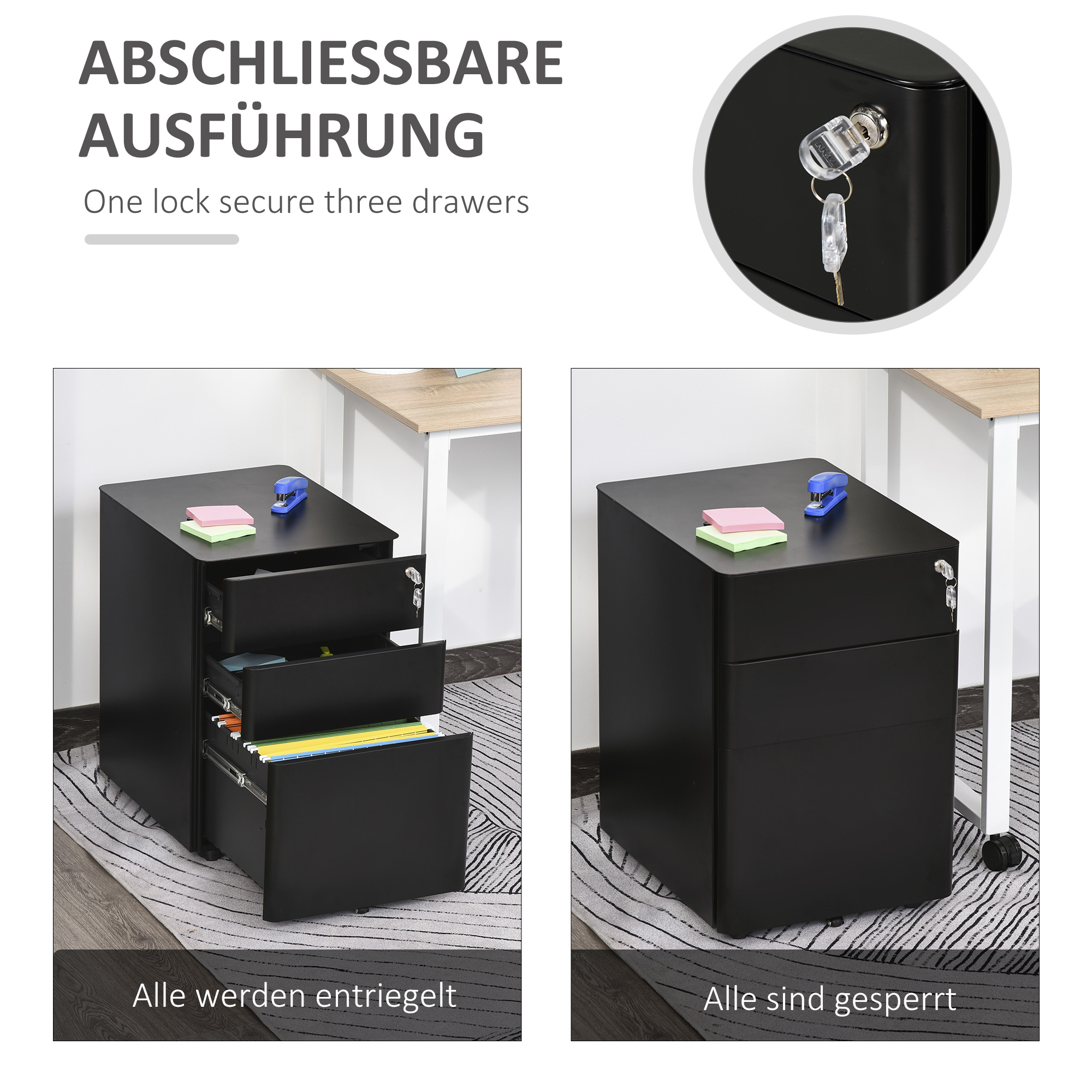 Rollcontainer, mobiler Aktenschrank mit 3 Schubladen, abschließbarer Büroschrank mit Hängeregistratur, Aufbewahrung, Stahl, 39 x 48 x 59 cm Schwarz