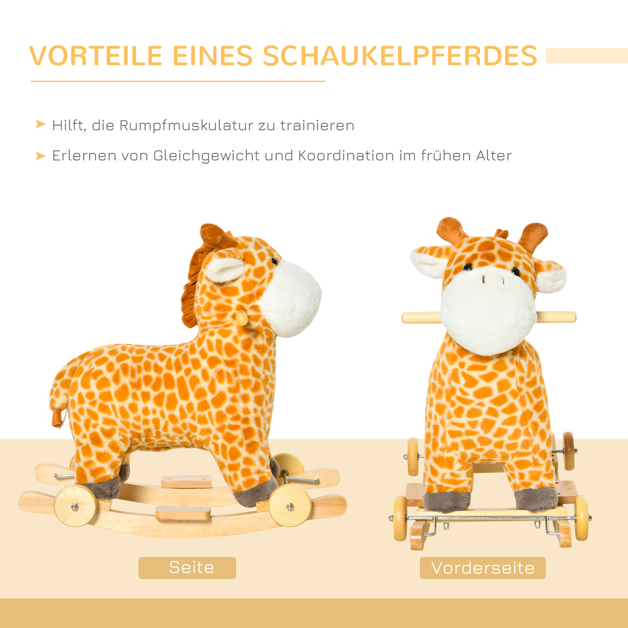 Schaukeltier Giraffen mit Sound Effekt, Räder, Haltegriffen Plüsch Baby Schaukelspielzeug Schaukel Schaukelsitz für Kleinkinder 3-6 Monate