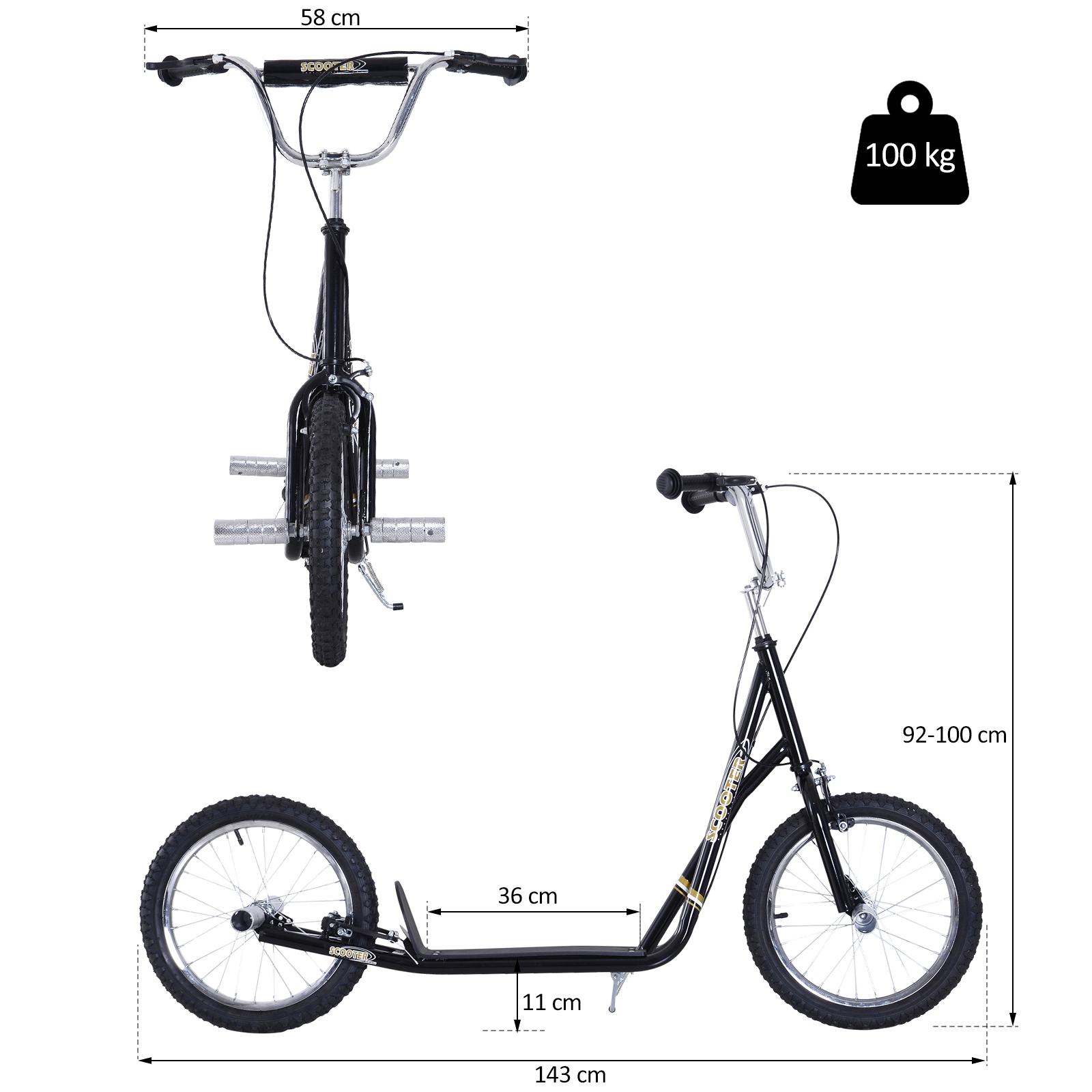 Kinderroller mit Luftreifen Kickscooter Scooter Tretroller Cityroller für Kinder Kickboard 16 Zoll ab 5 Jahre Höhenverstellbar Schwarz 143 x 58 x 92-100 cm