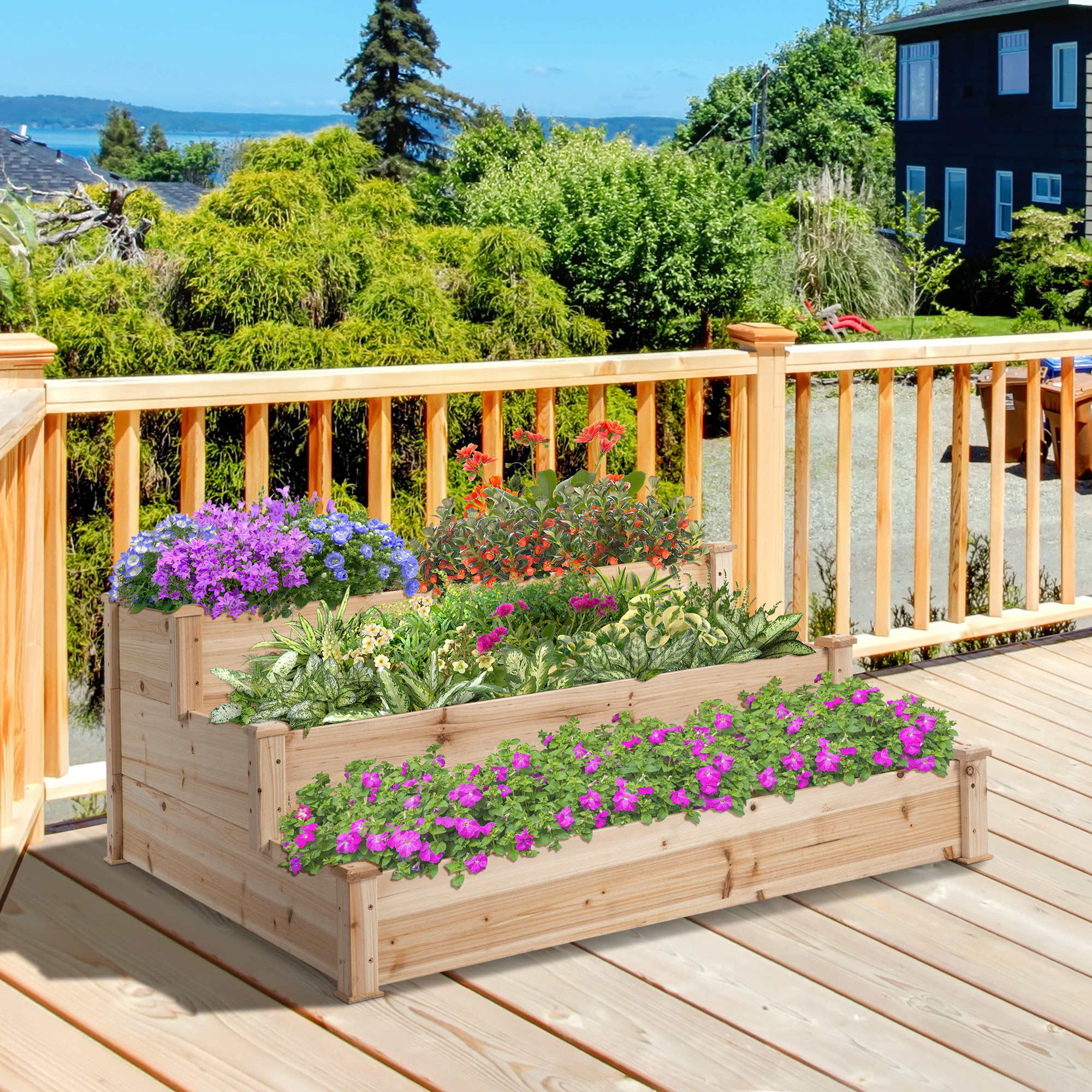 Hochbeet 3-stufige Gartenbeet Pflanzenbeet  Kräuterbeet Blumentreppe für Balkon Garten Natur Tannenholz 120 x 120 x 56 cm